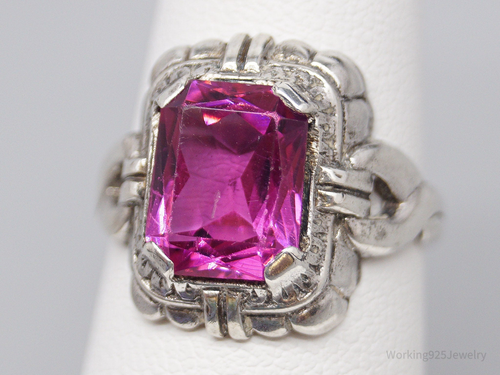 Antique Art Deco Pink Stone Sterling Silver Ring - Size 6.25