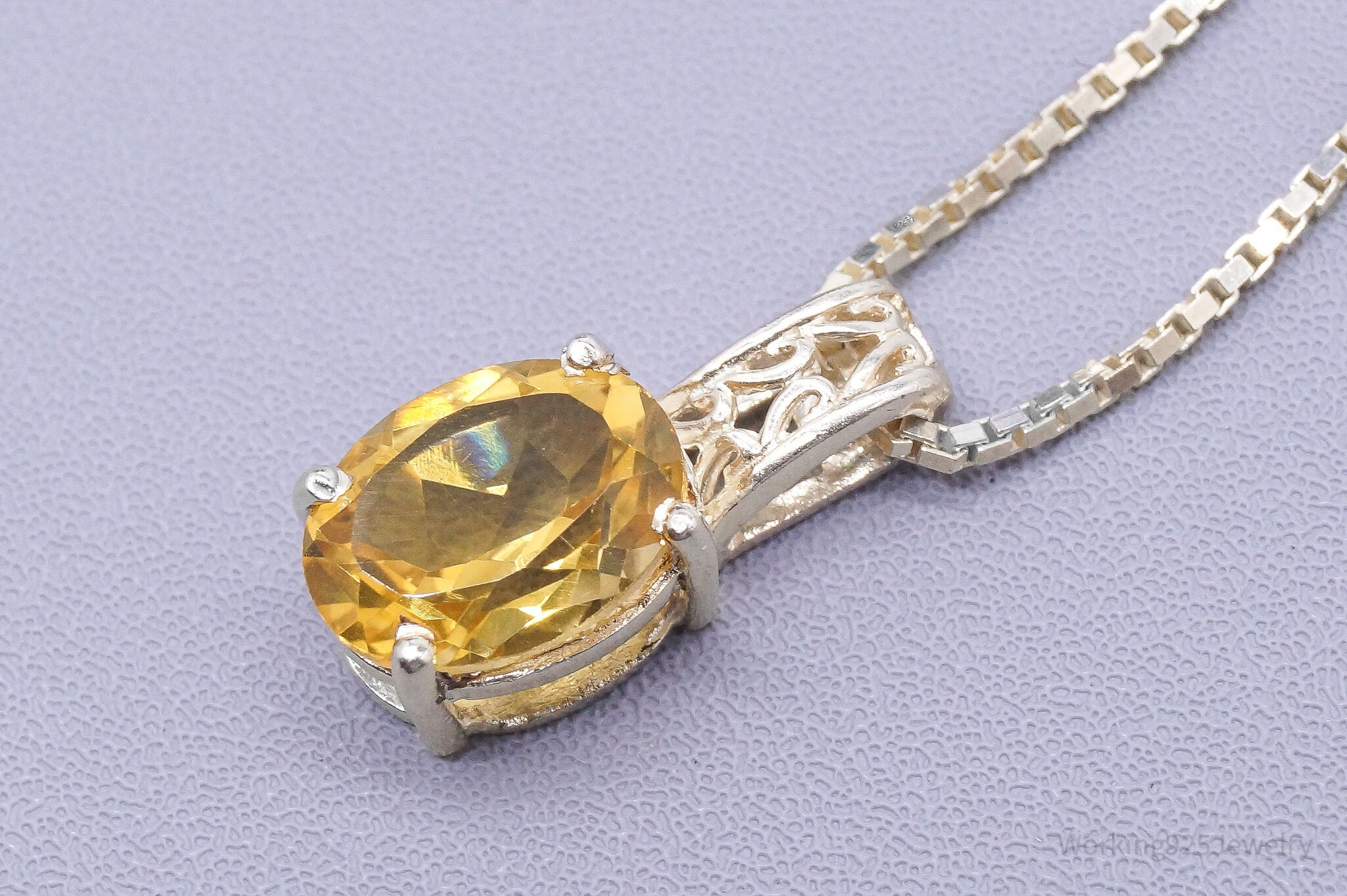 Vintage Large Citrine Sterling Silver Necklace 16"