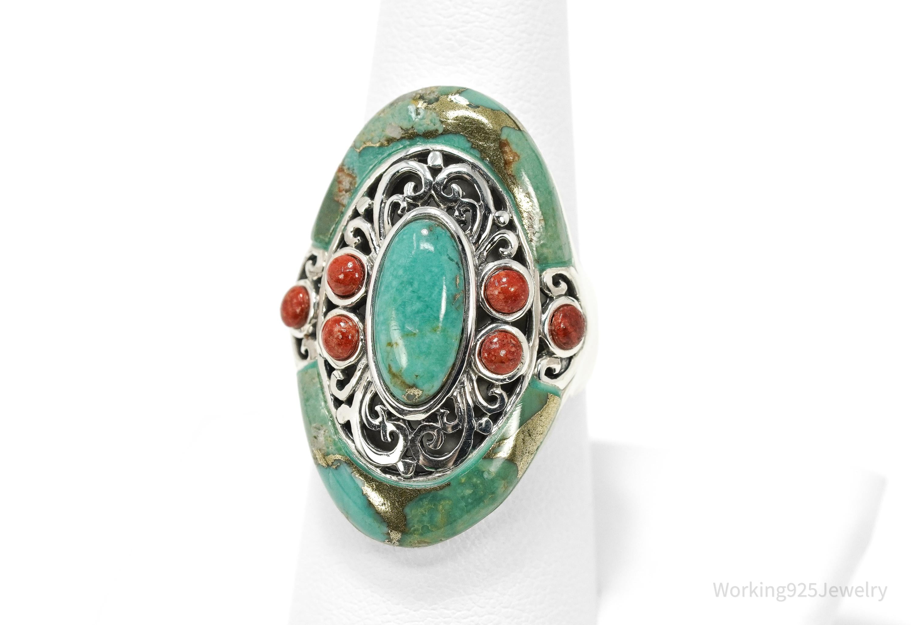 Vintage BBJ Bronze Matrix Turquoise & Coral Sterling Silver Ring Sz 8