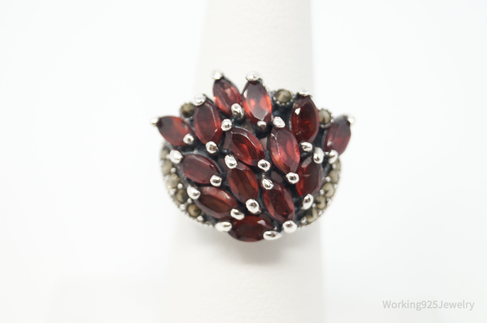 Vtg Art Deco Style Garnet Marcasite Statement Ring Sterling Silver - Sz 6