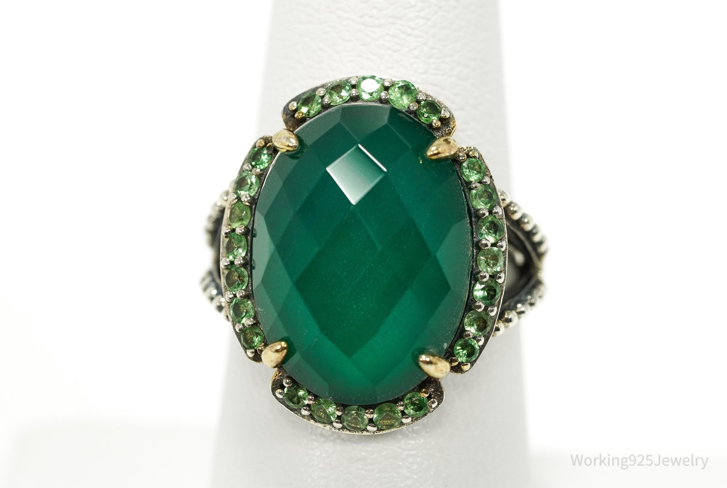 Vintage Green Chrysoprase & Peridot Gold Vermeil Sterling Silver Ring - Size 7