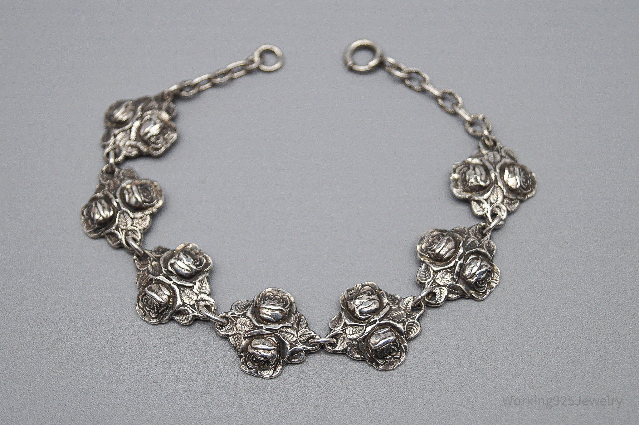 Antique Rosary Roses Mary & Saints Sterling Silver Bracelet - 7 7/8"