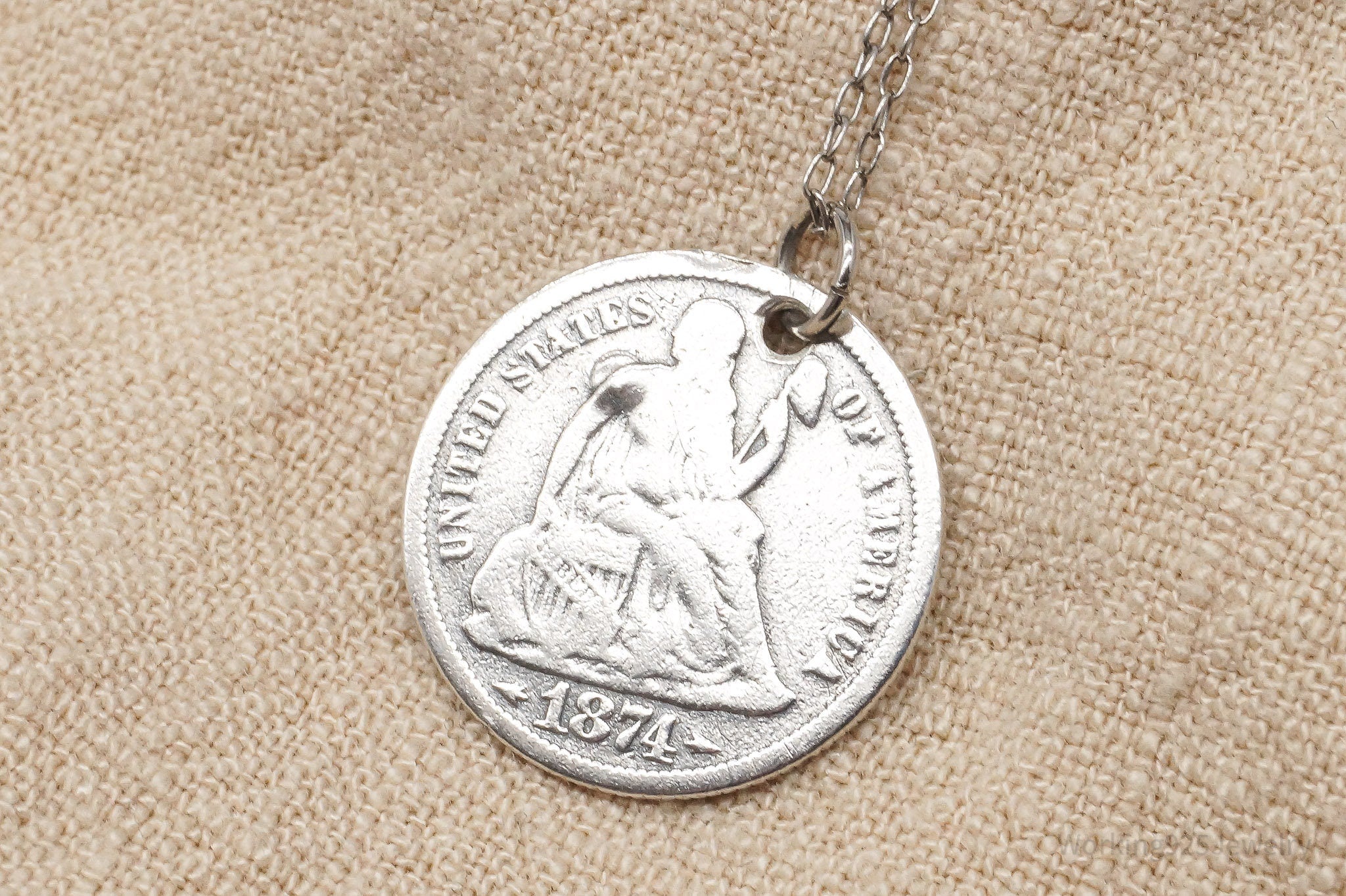 Antique Vintage 1874 Seated Liberty Dime Coin Sterling Silver Chain Necklace - 20"