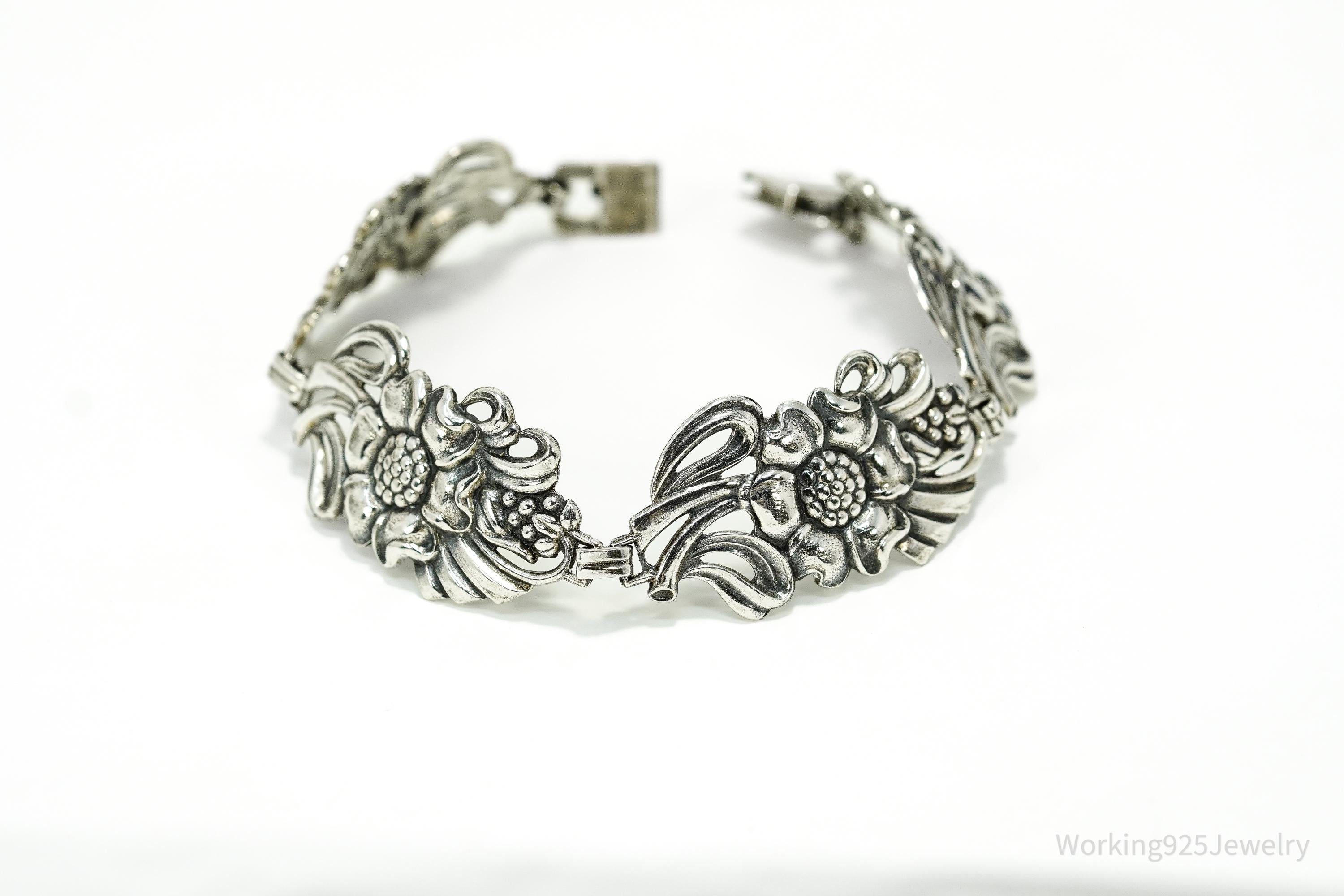 Antique Floral Sterling Silver Bracelet 7.75"