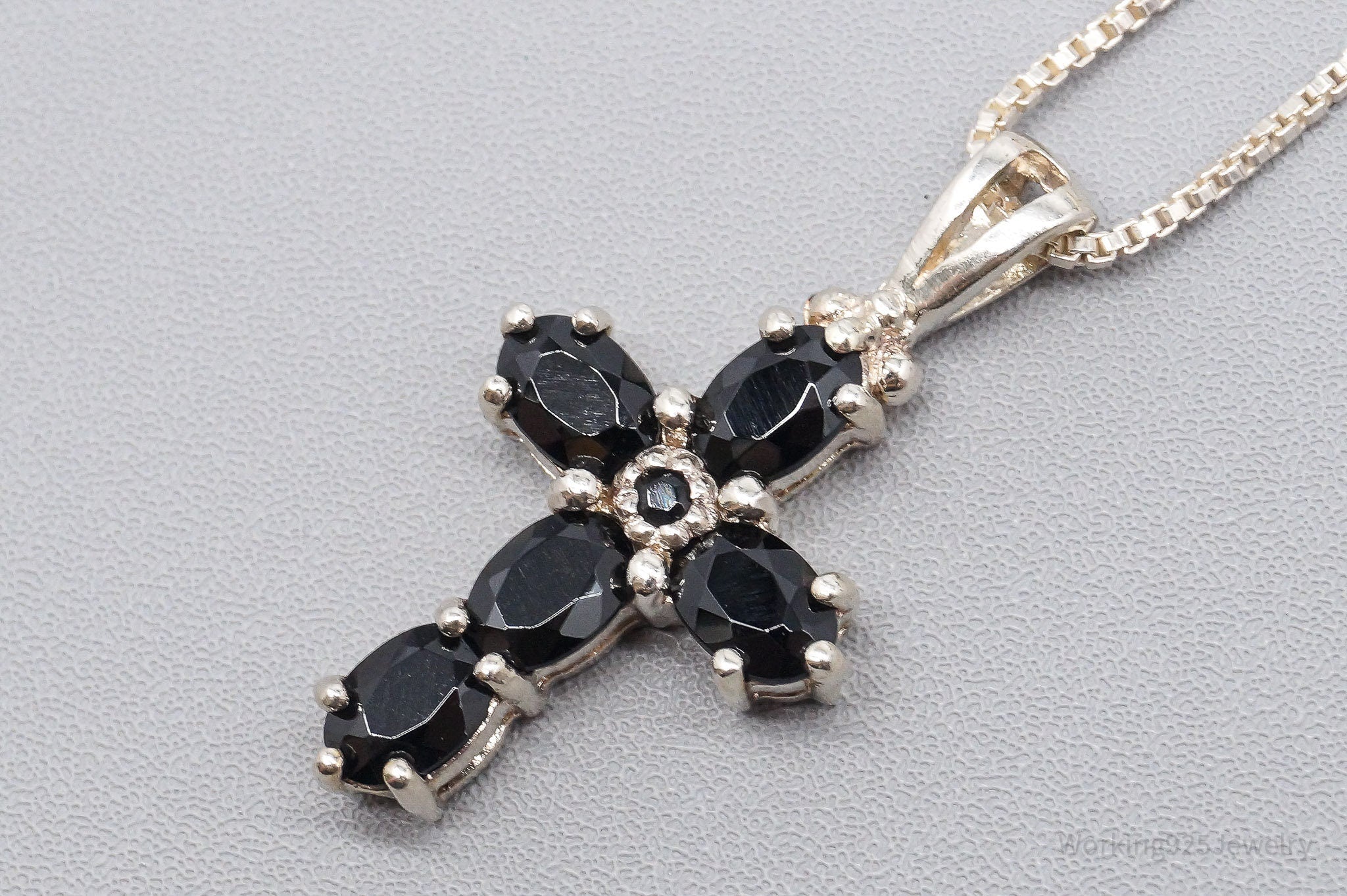 Vintage Black Spinel Cross Sterling Silver Necklace - 18"