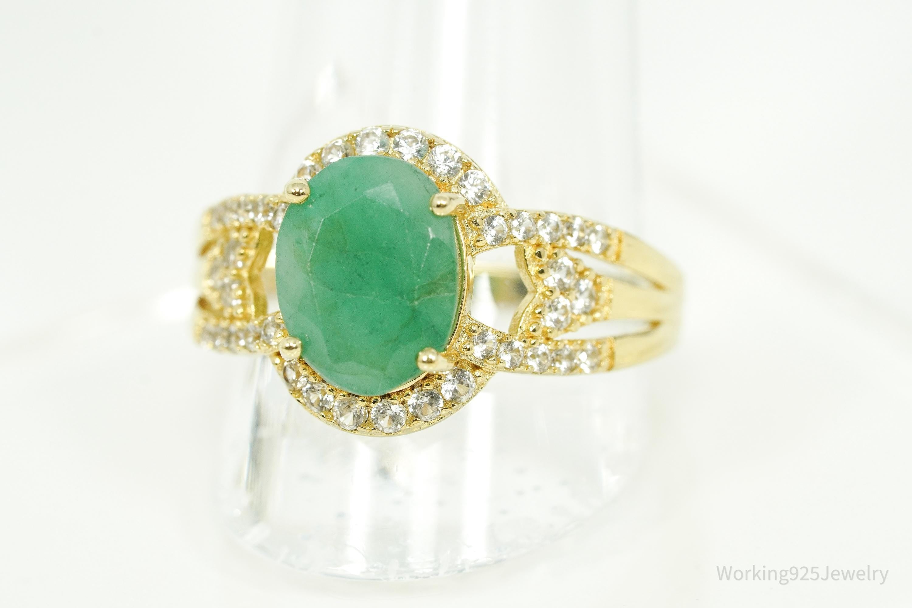 Vintage Emerald & White Topaz Gold Vermeil Sterling Silver Ring Size 8