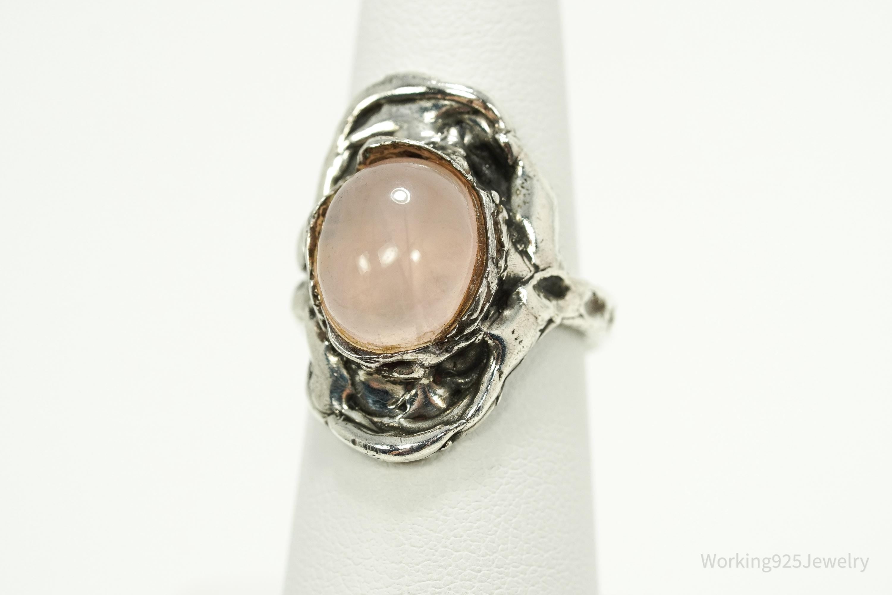 Vintage Brutalist Rose Quartz Silver Ring - Size 6.5