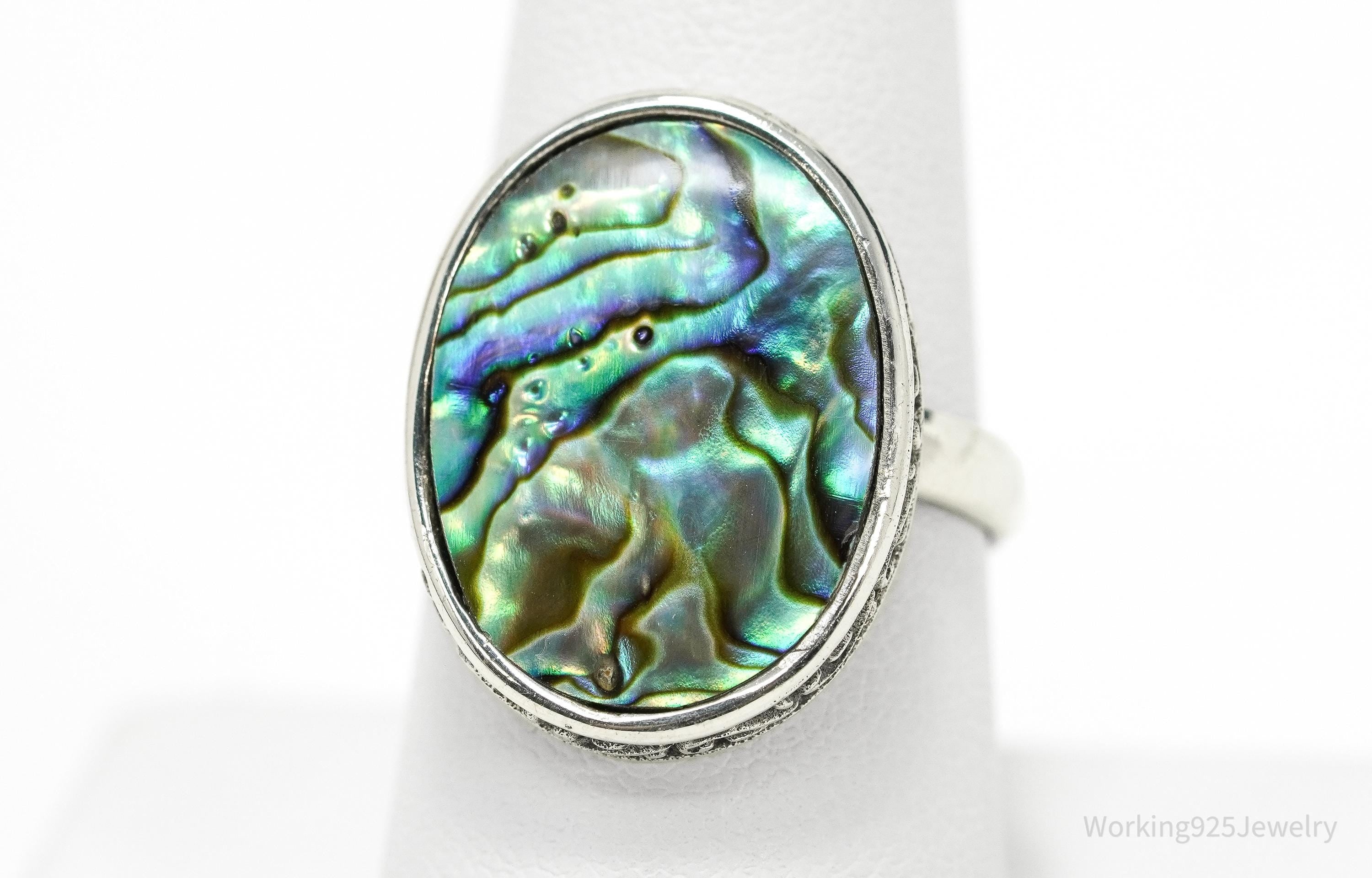 Vintage Sterling Silver Statement Ring • Large Paua Abalone Shell Inlay Size 9