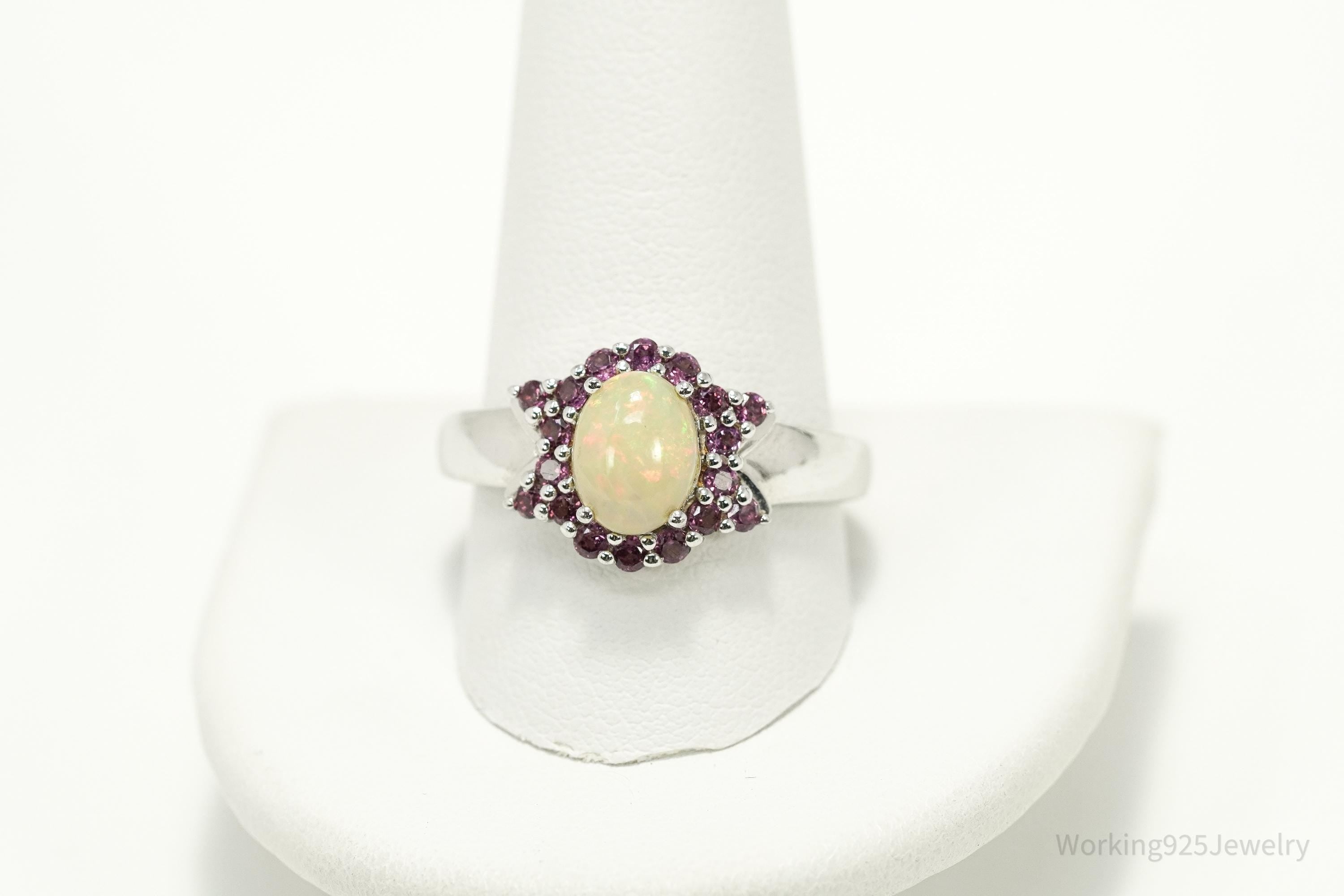 Vintage Opal & Purple Garnet Sterling Silver Cluster Ring – Size 11.5