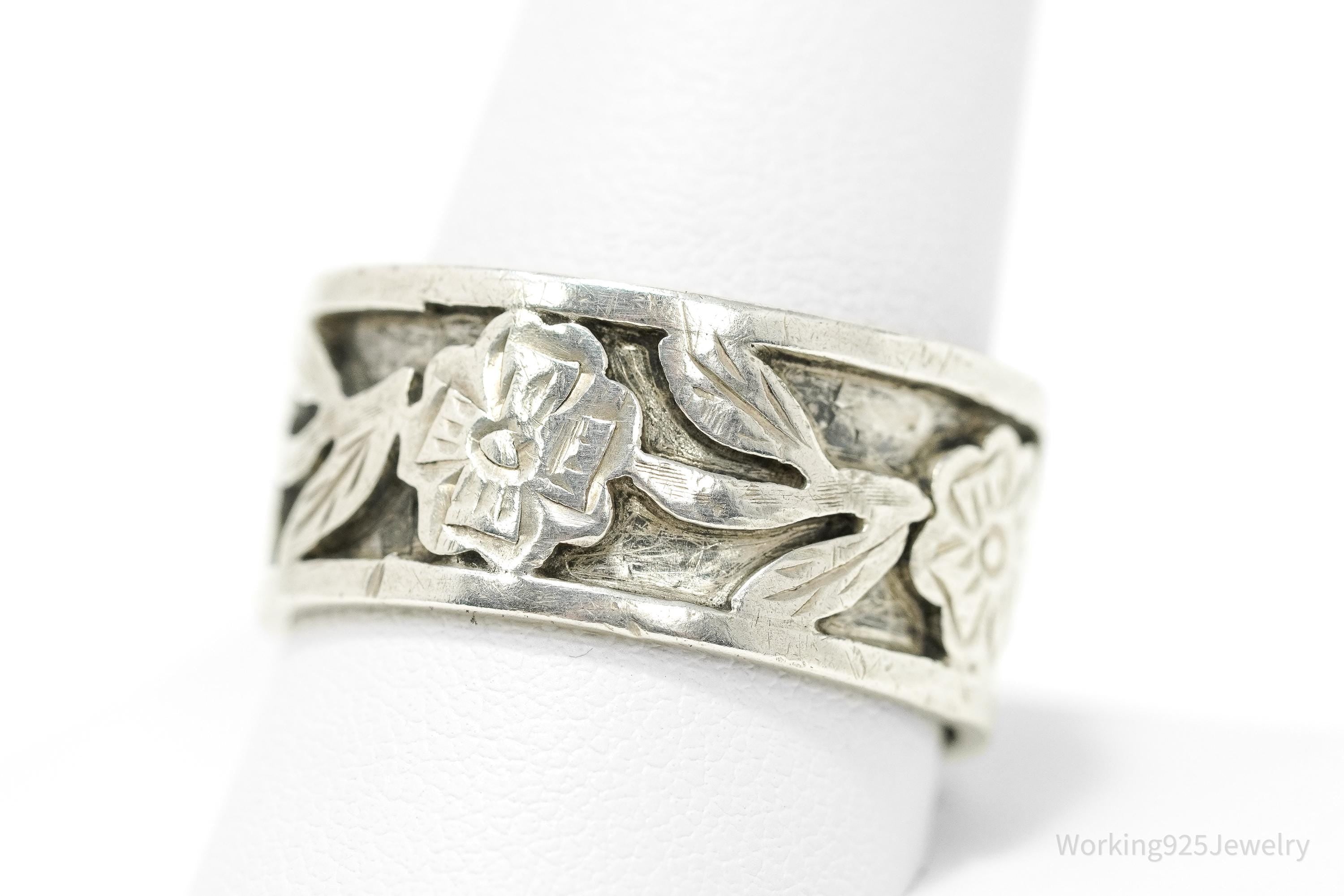 Vintage Mexico Flower Pattern Sterling Silver Ring - Size 12