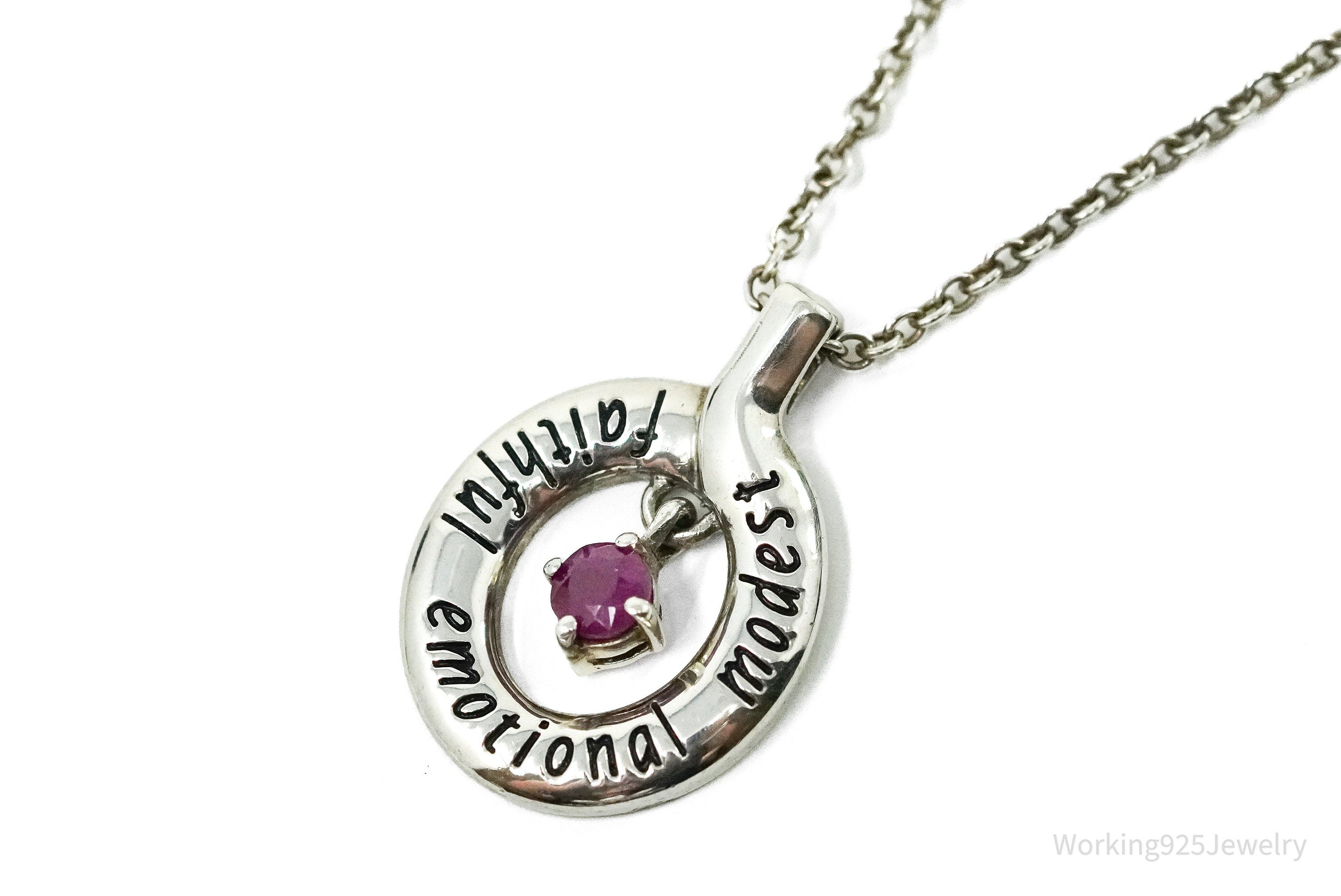 Vintage "Faithful Emotional Modest" Ruby Sterling Silver Necklace 18"