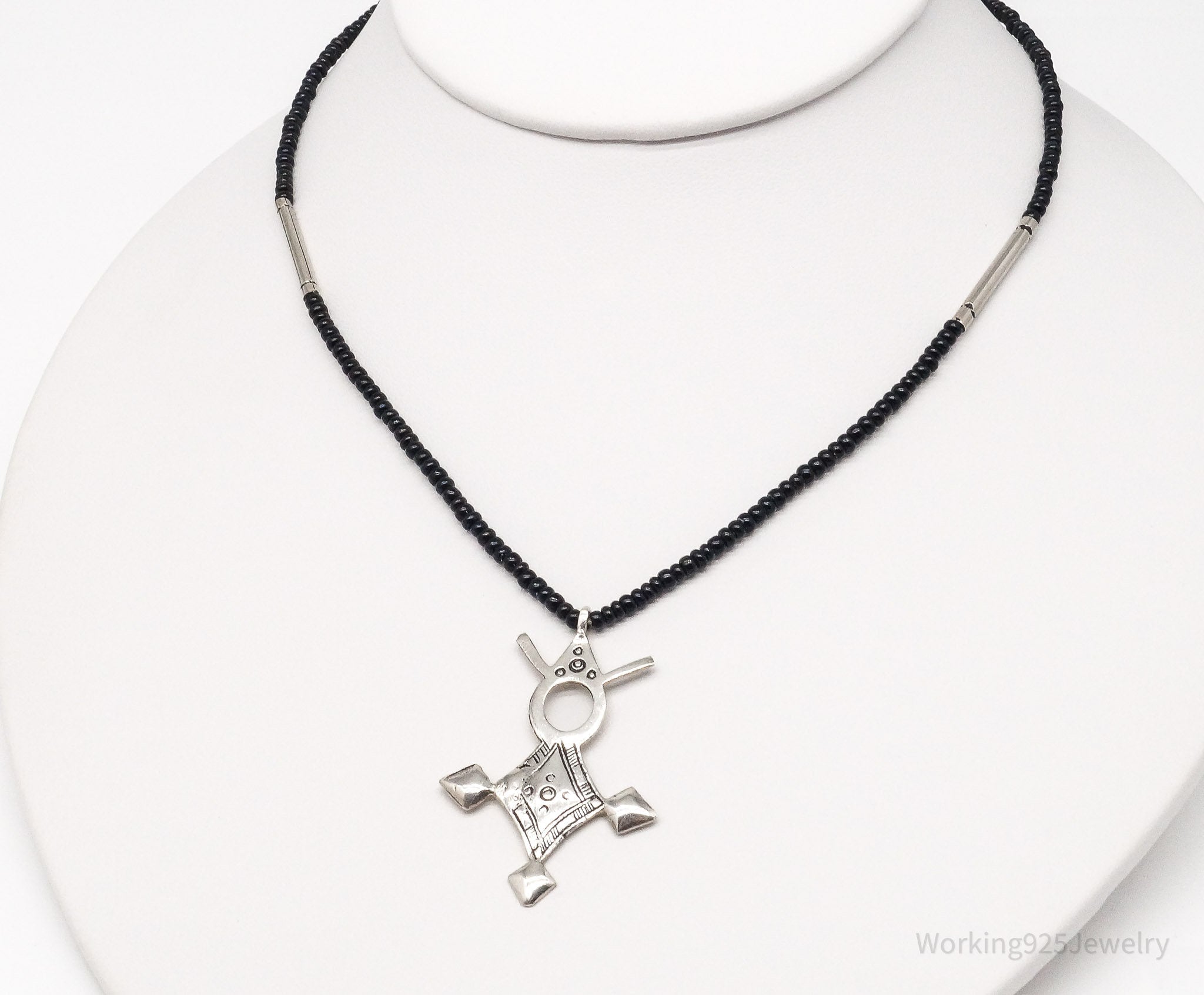 Vintage Large Silver Southern Cross Black Bead Necklace 18"
