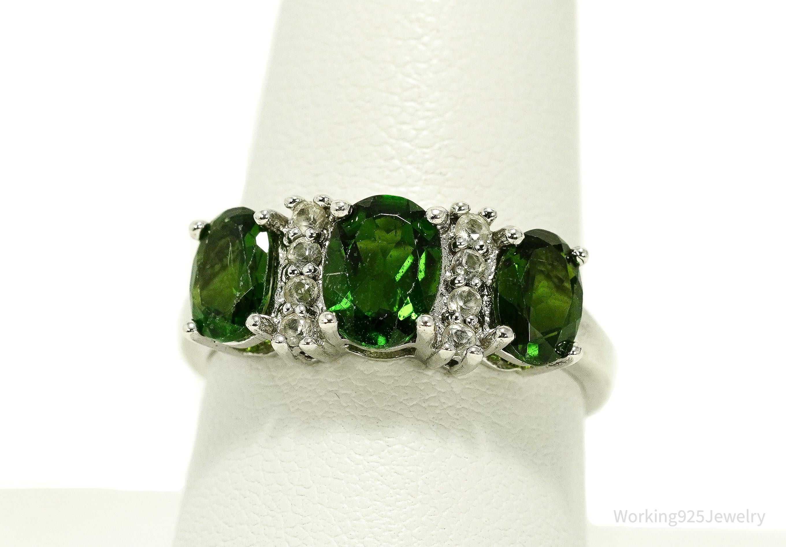 Green Chrome Diopside & White Topaz Sterling Silver Ring - Size 8.75