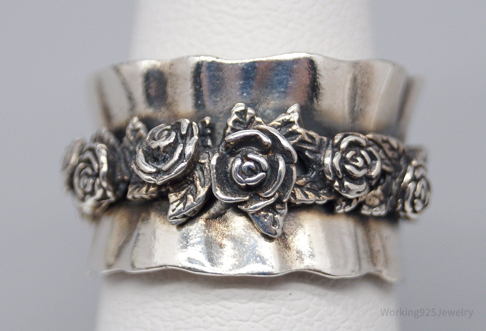 Vintage Israel Designer RL Sterling Silver Roses Band Ring - Size 5.75