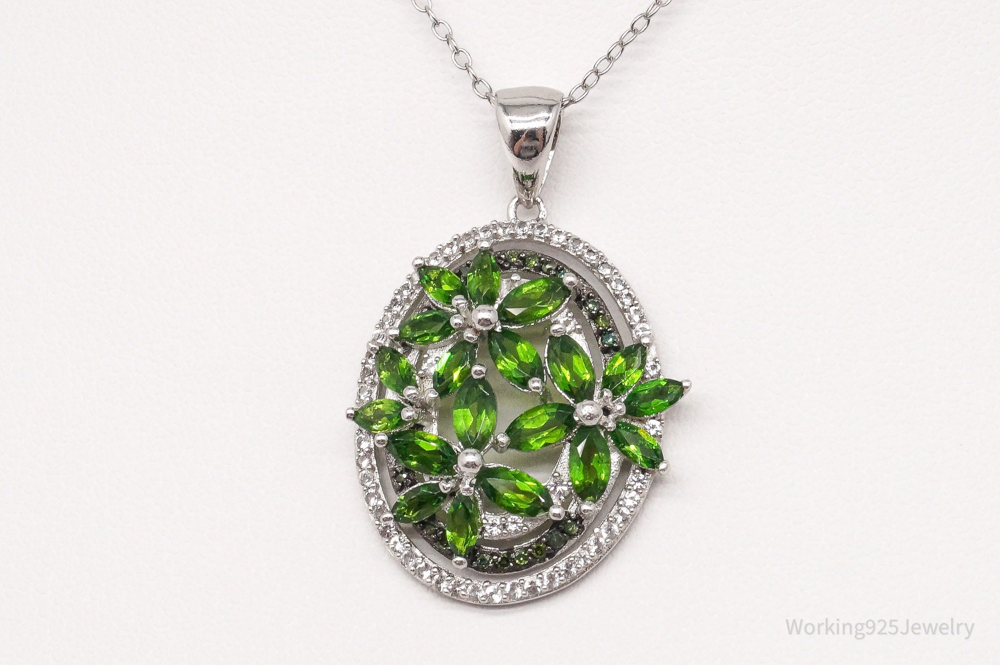 Emerald White Topaz Green Diamond Rhodium Over Sterling Silver Necklace 20"