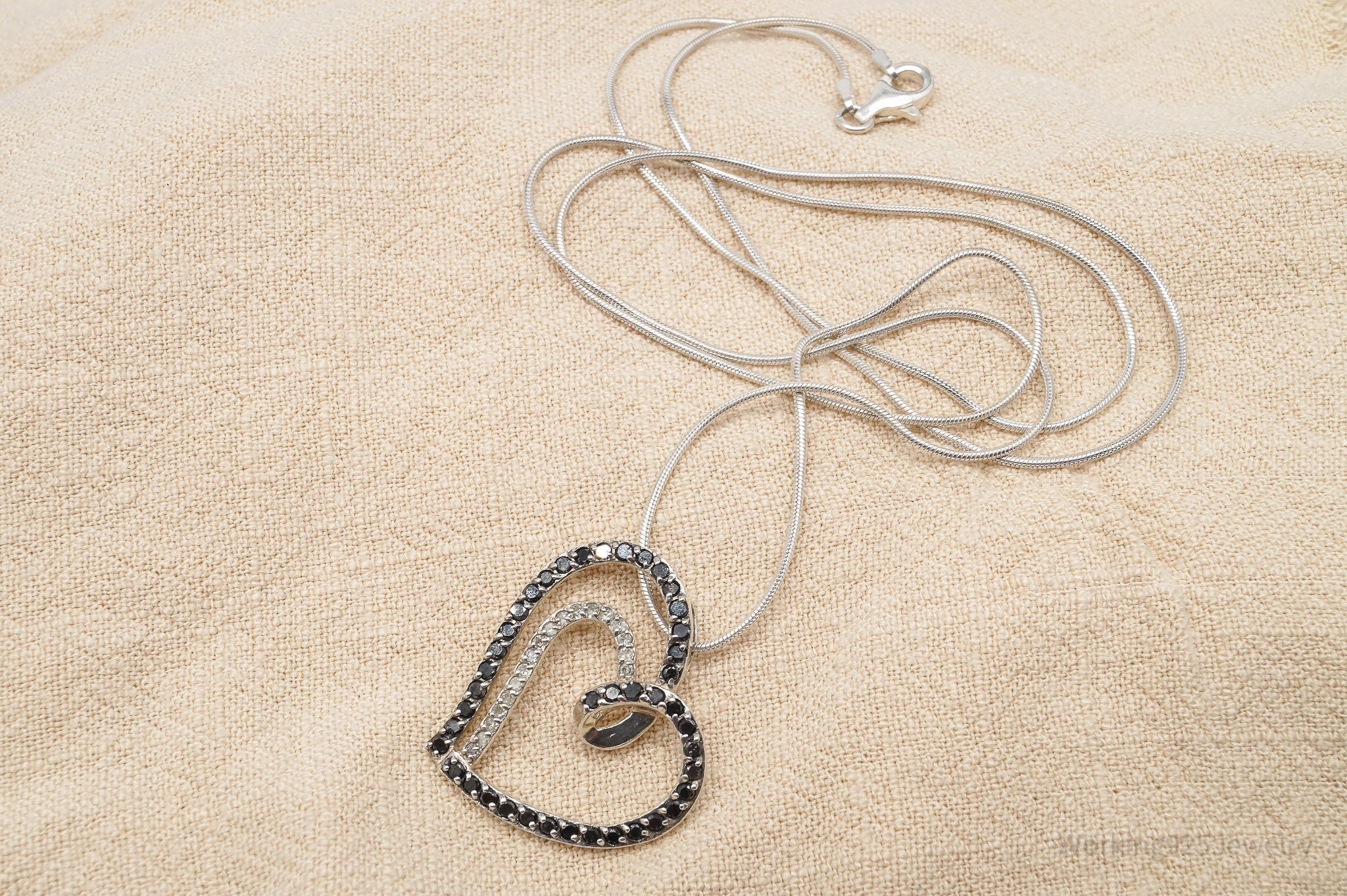 Vintage Black & White Diamond Heart Sterling Silver Necklace 24"