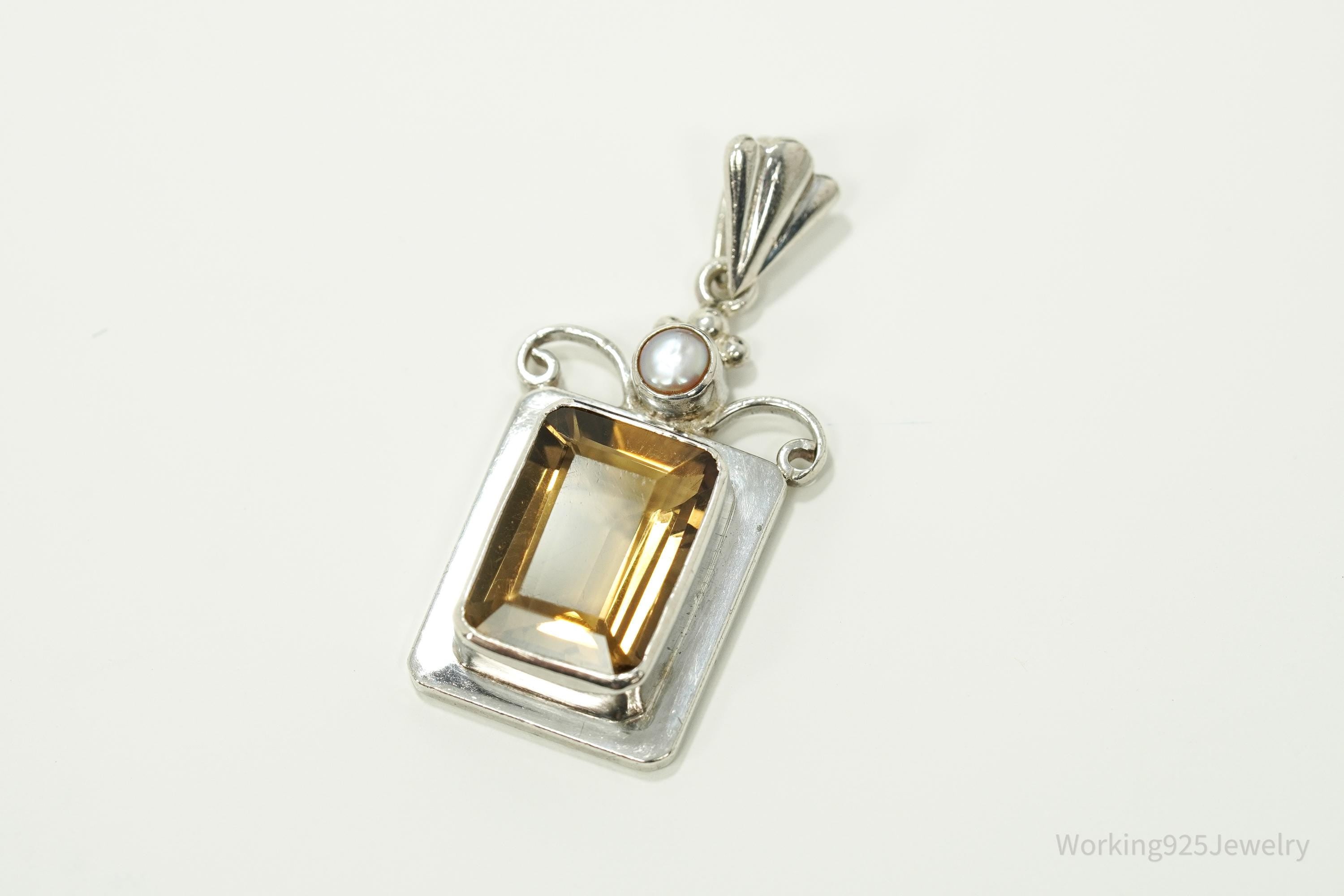 Vintage Large Smoky Topaz & Pearl Sterling Silver Pendant