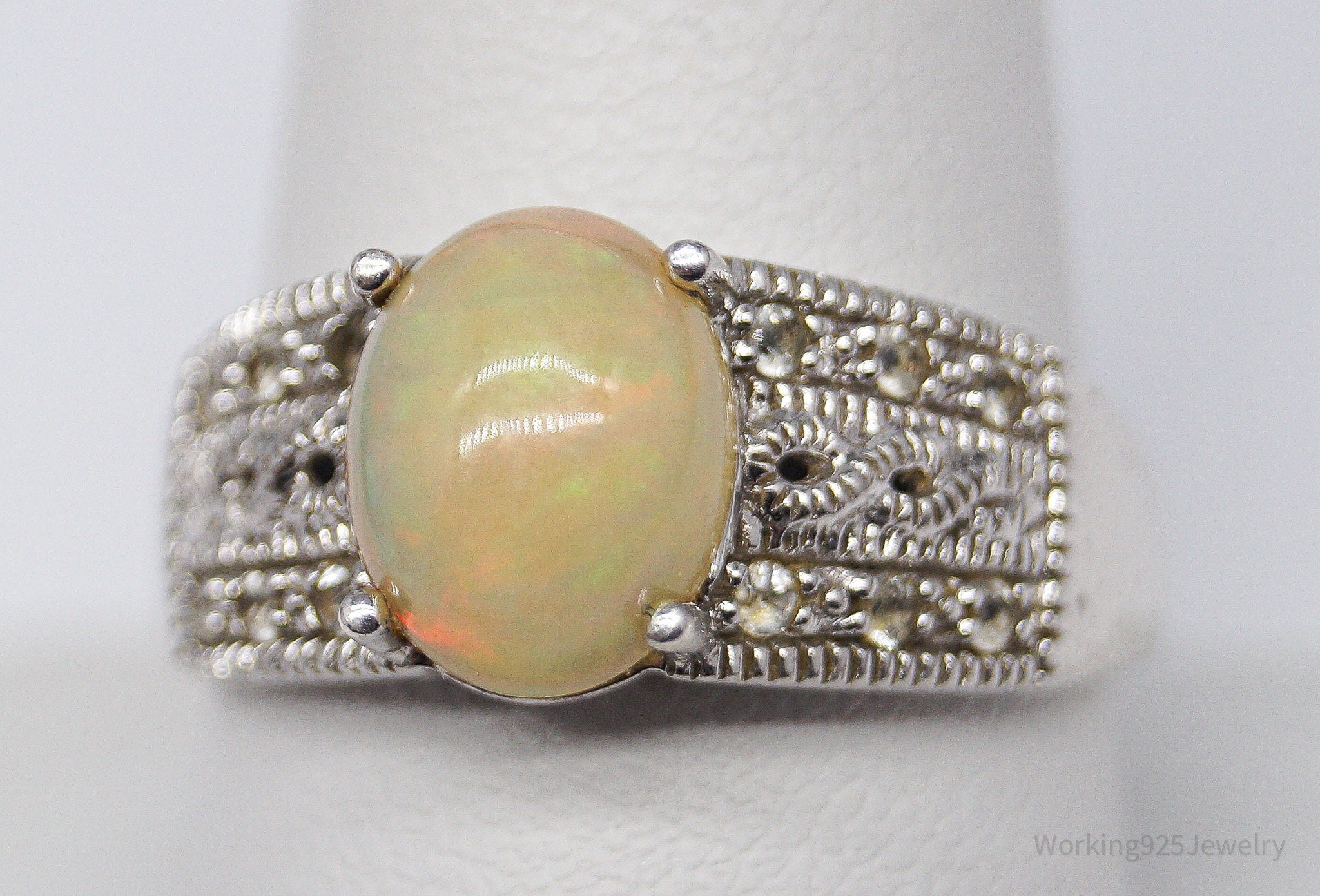 Vintage Opal White Topaz Sterling Silver Ring - Size 9.75