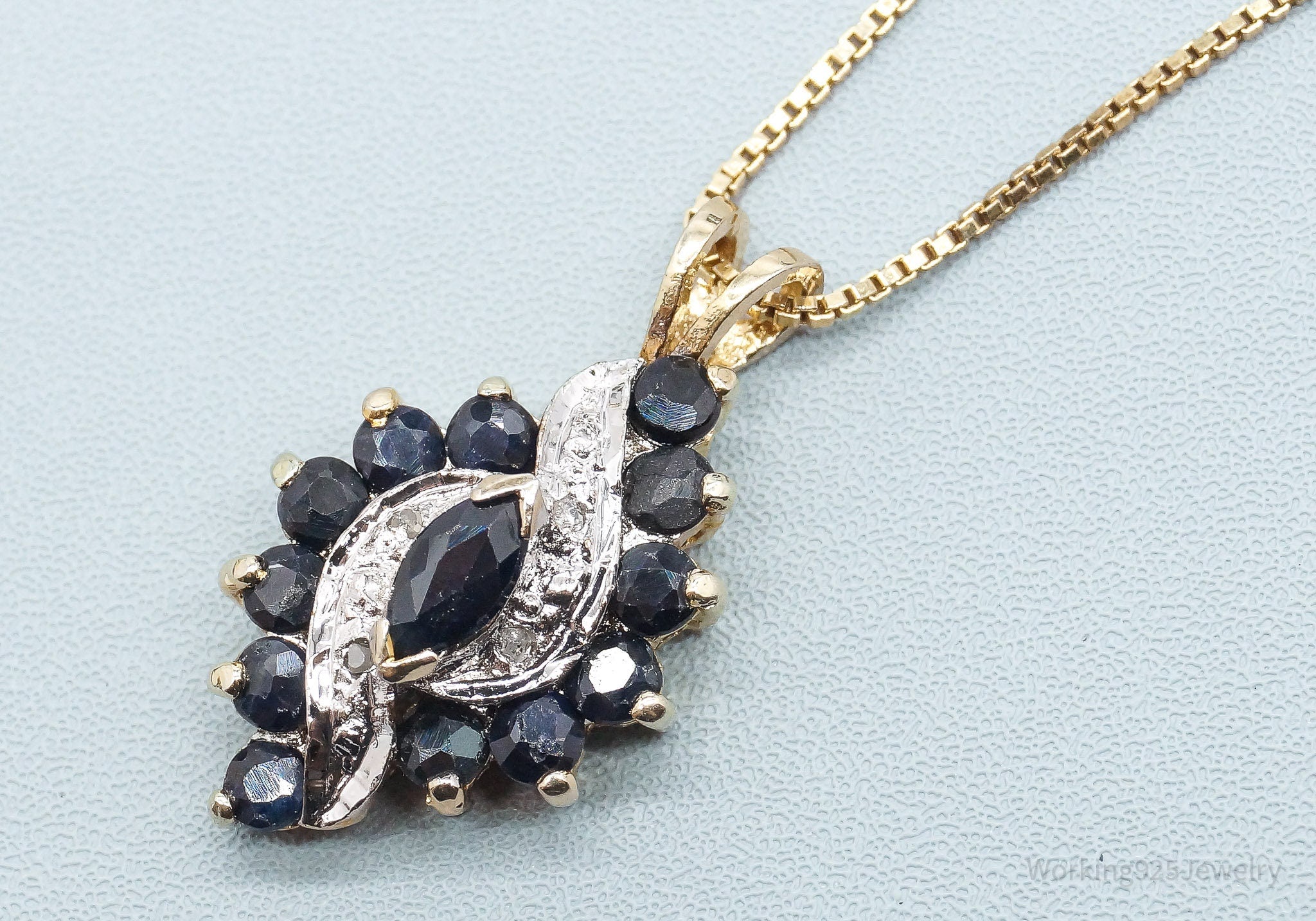 VTG Ross Simons Sapphires 4 Diamond Gold Vermeil Sterling Silver Necklace 24"