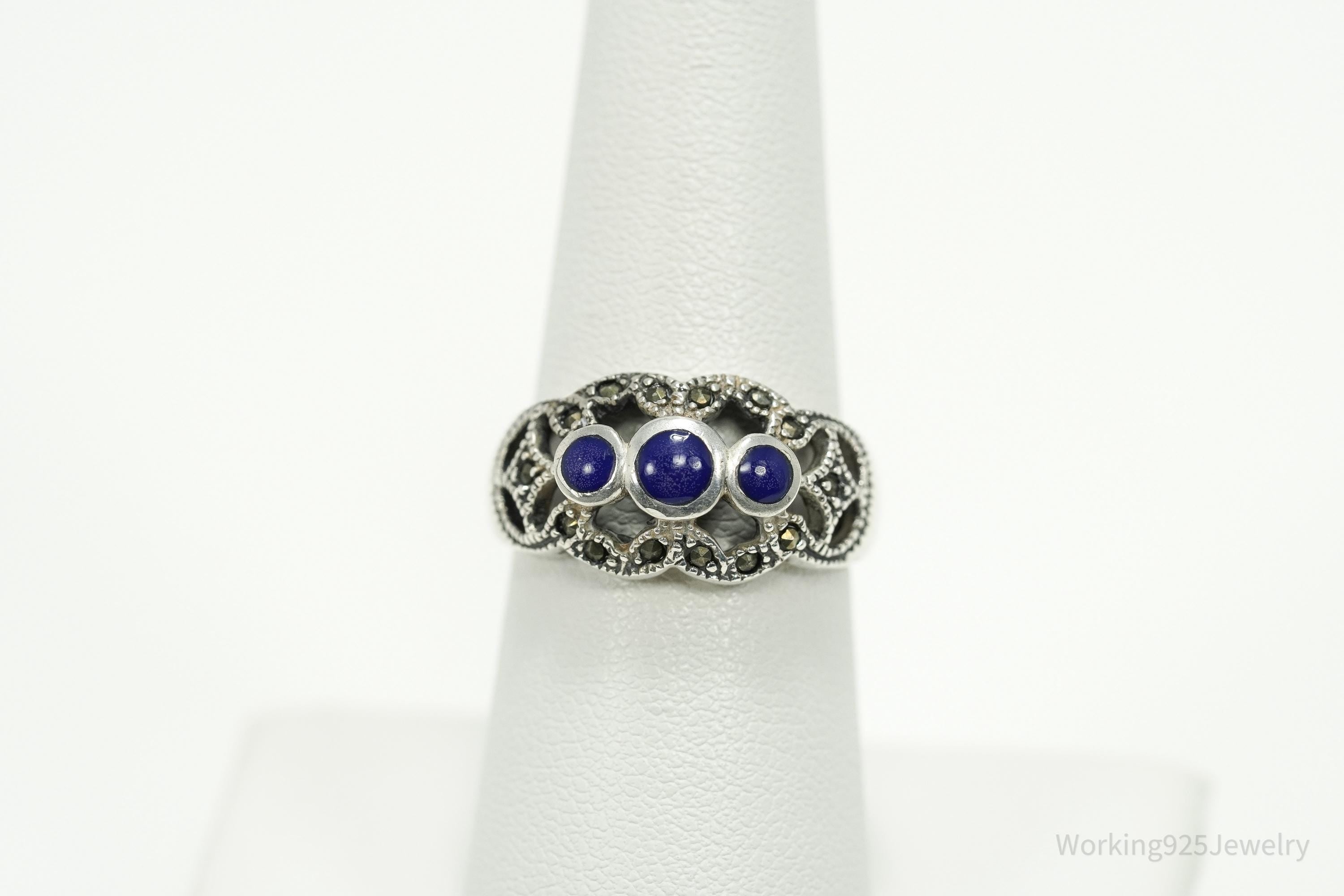 Vintage Lapis Lazuli & Marcasite Sterling Silver Ring - Size 7