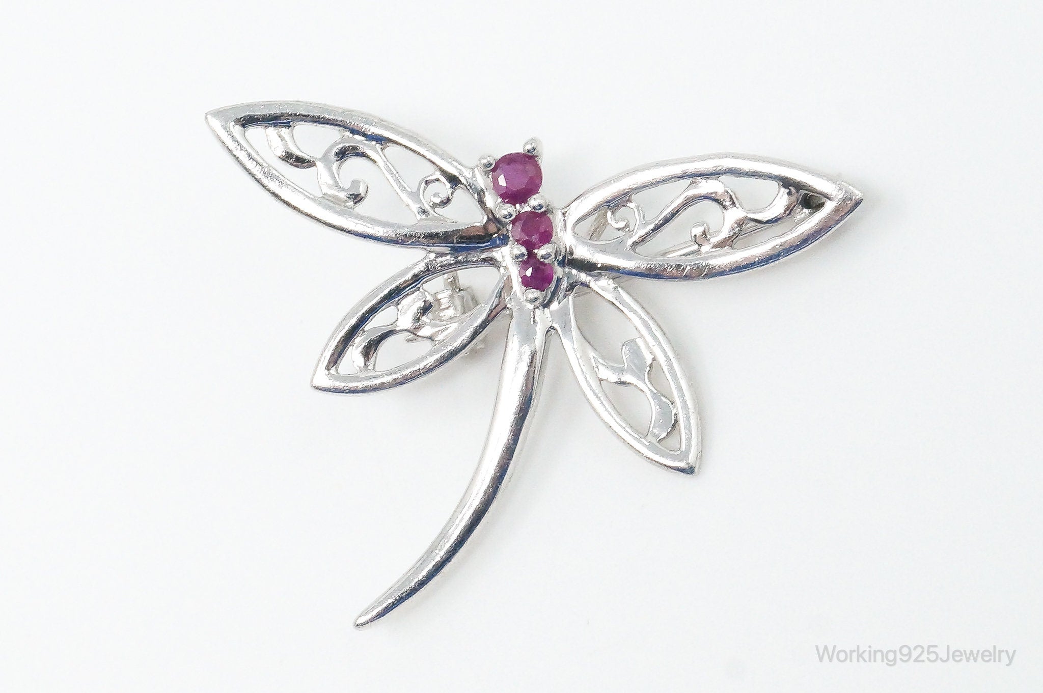 Vintage Ruby Dragonfly Sterling Silver Necklace Pendant Brooch Pin