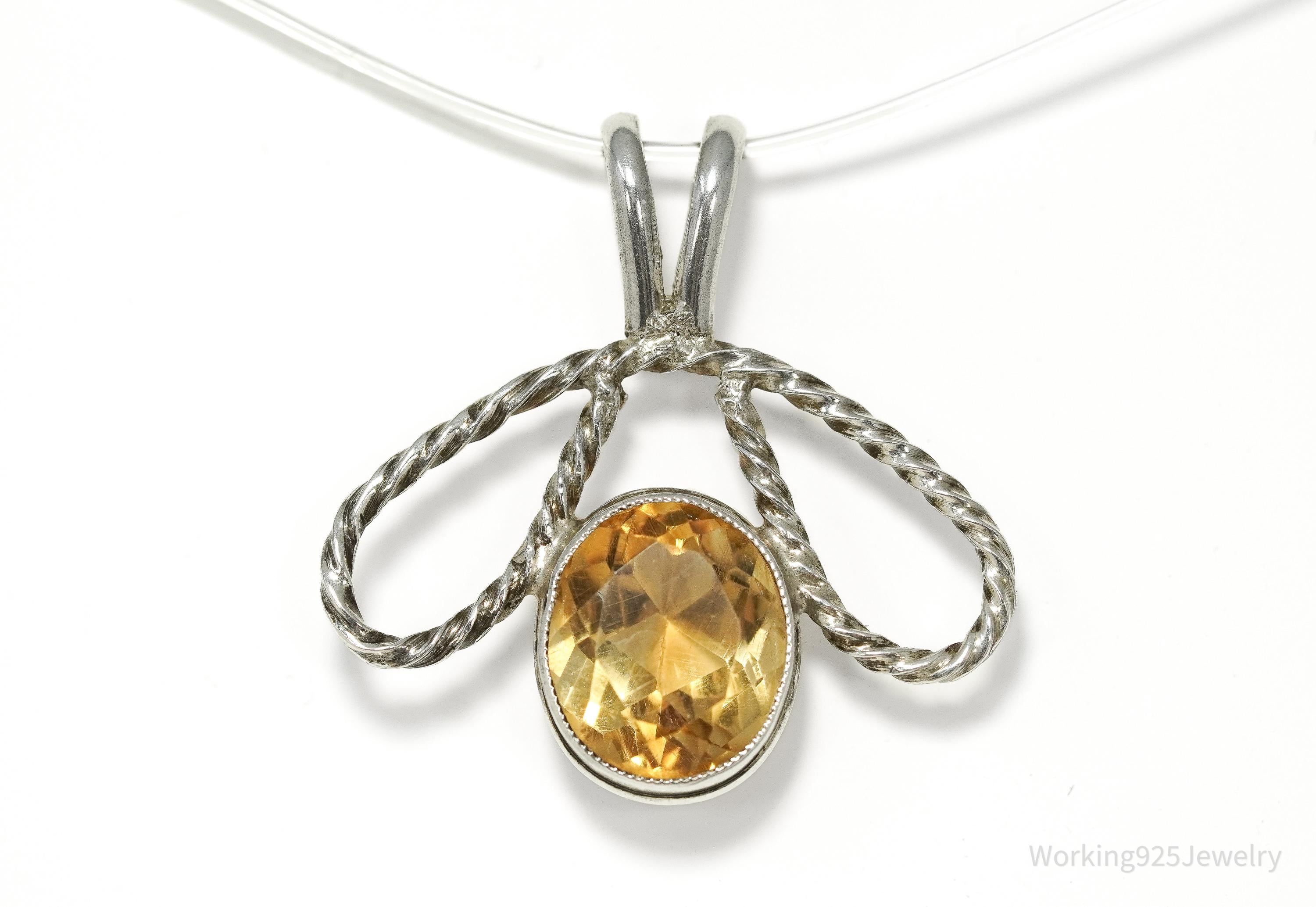 Vintage Retro Large Citrine Handmade Sterling Silver Necklace Pendant