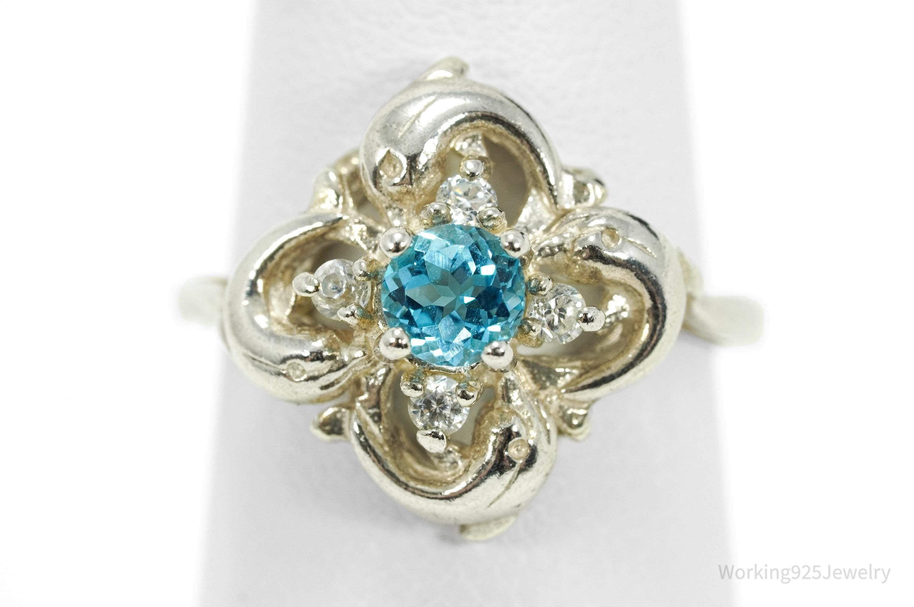 Vintage Blue Topaz & Cubic Zirconia Dolphins Sterling Silver Ring - Size 7