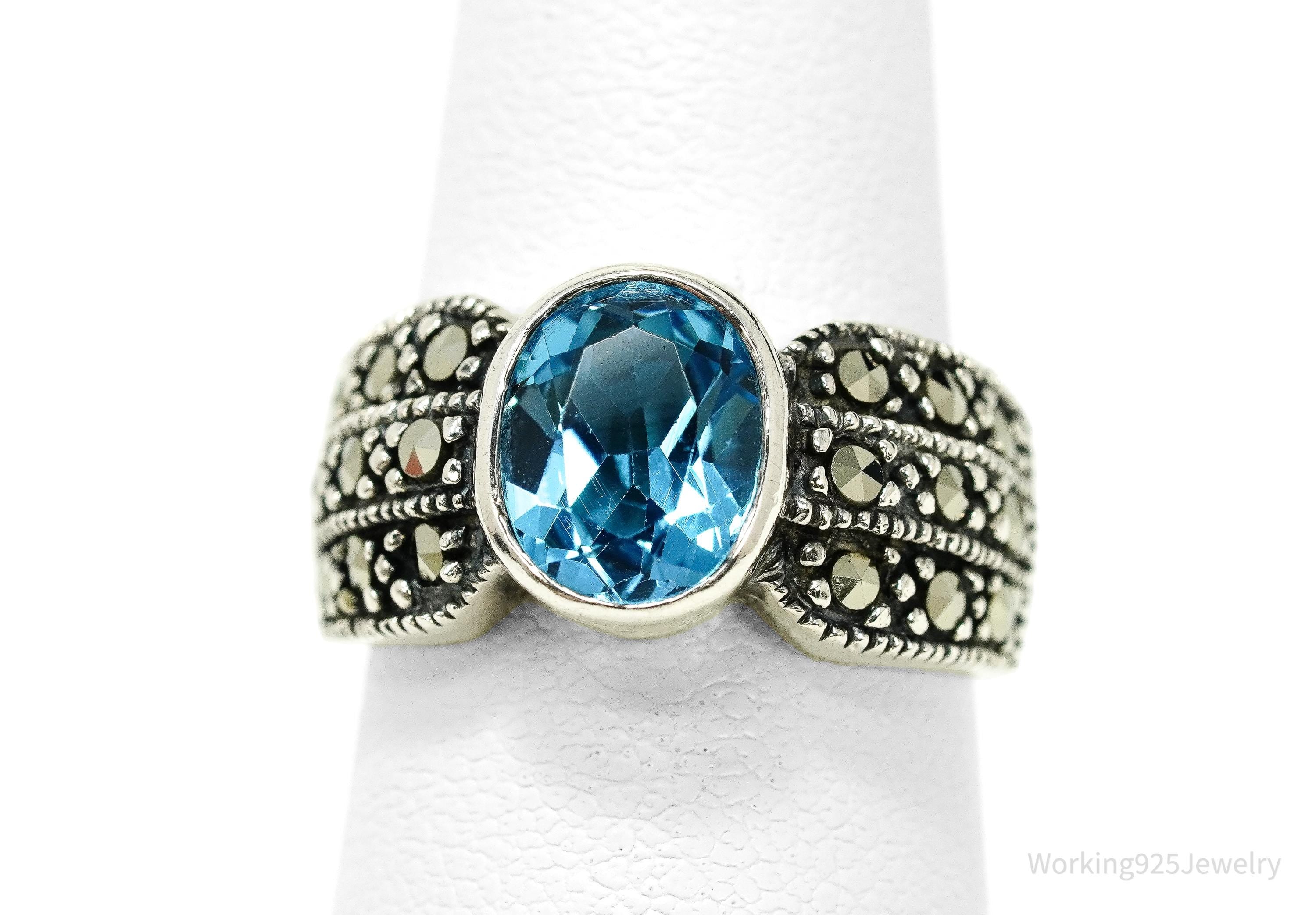 Vintage Blue Topaz & Marcasite Sterling Silver Ring - Size 5.75