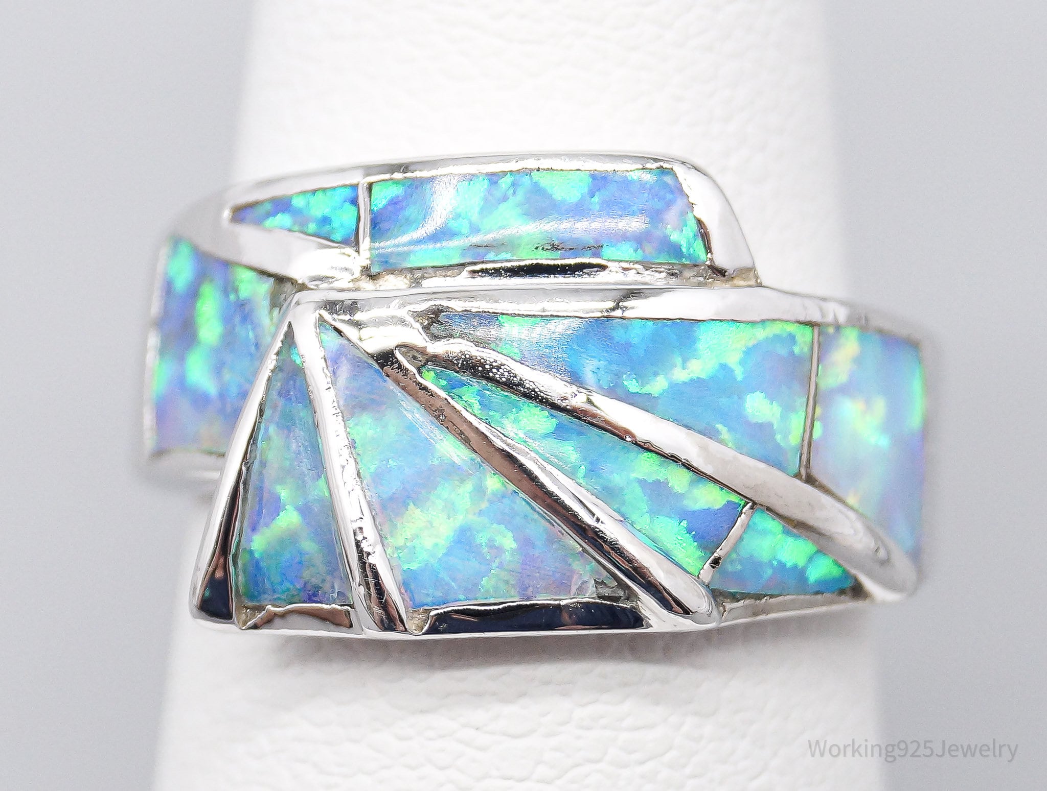 Vintage Blue Opal Inlay Sterling Silver Ring - Size 5.75