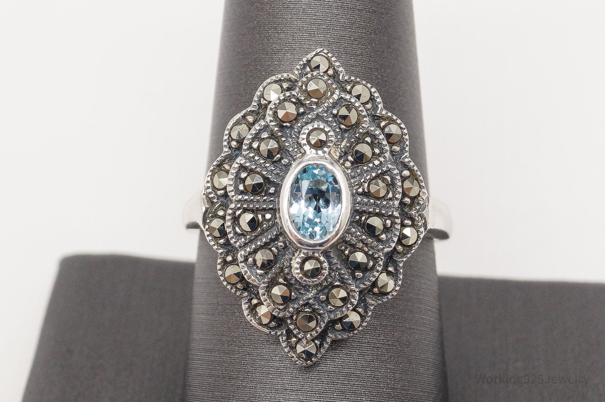 Vintage Blue Topaz Marcasite Sterling Silver Ring - Size 8.75
