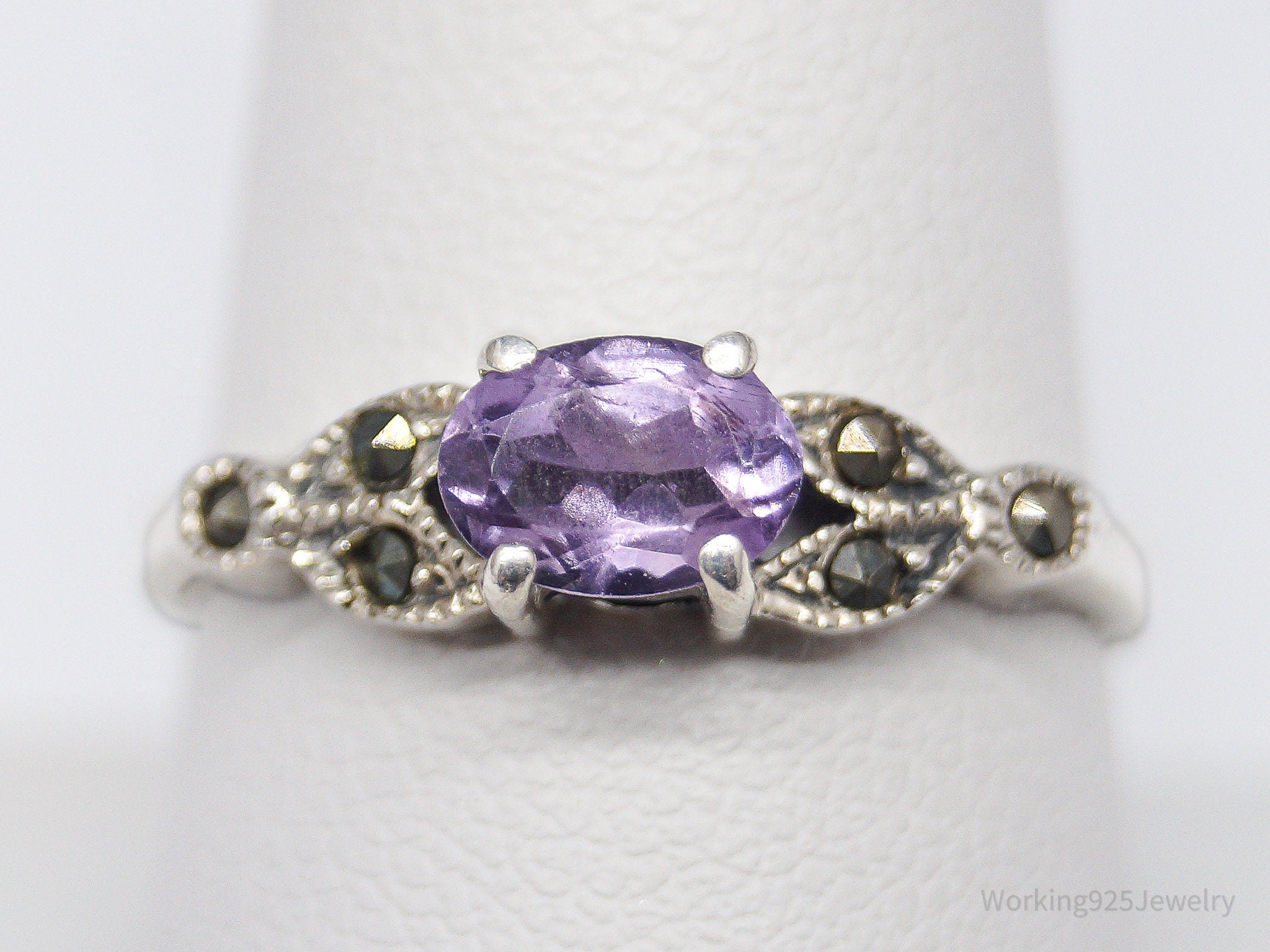 Vintage Amethyst & Marcasite Sterling Silver Ring - Size 9