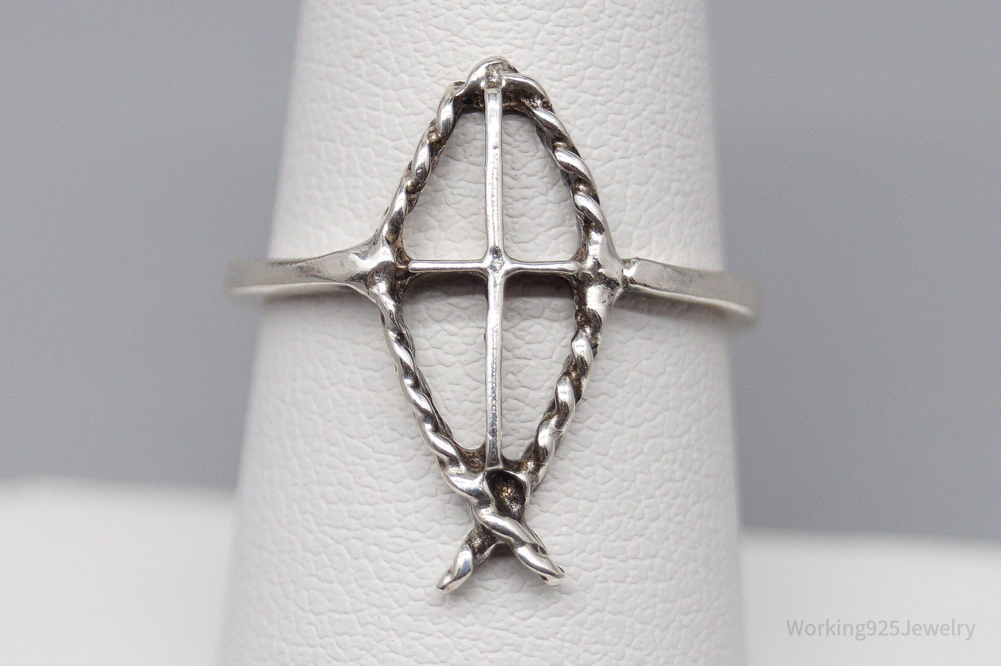Vintage Ichthus Fish Cross Sterling Silver Ring - Size 7.25