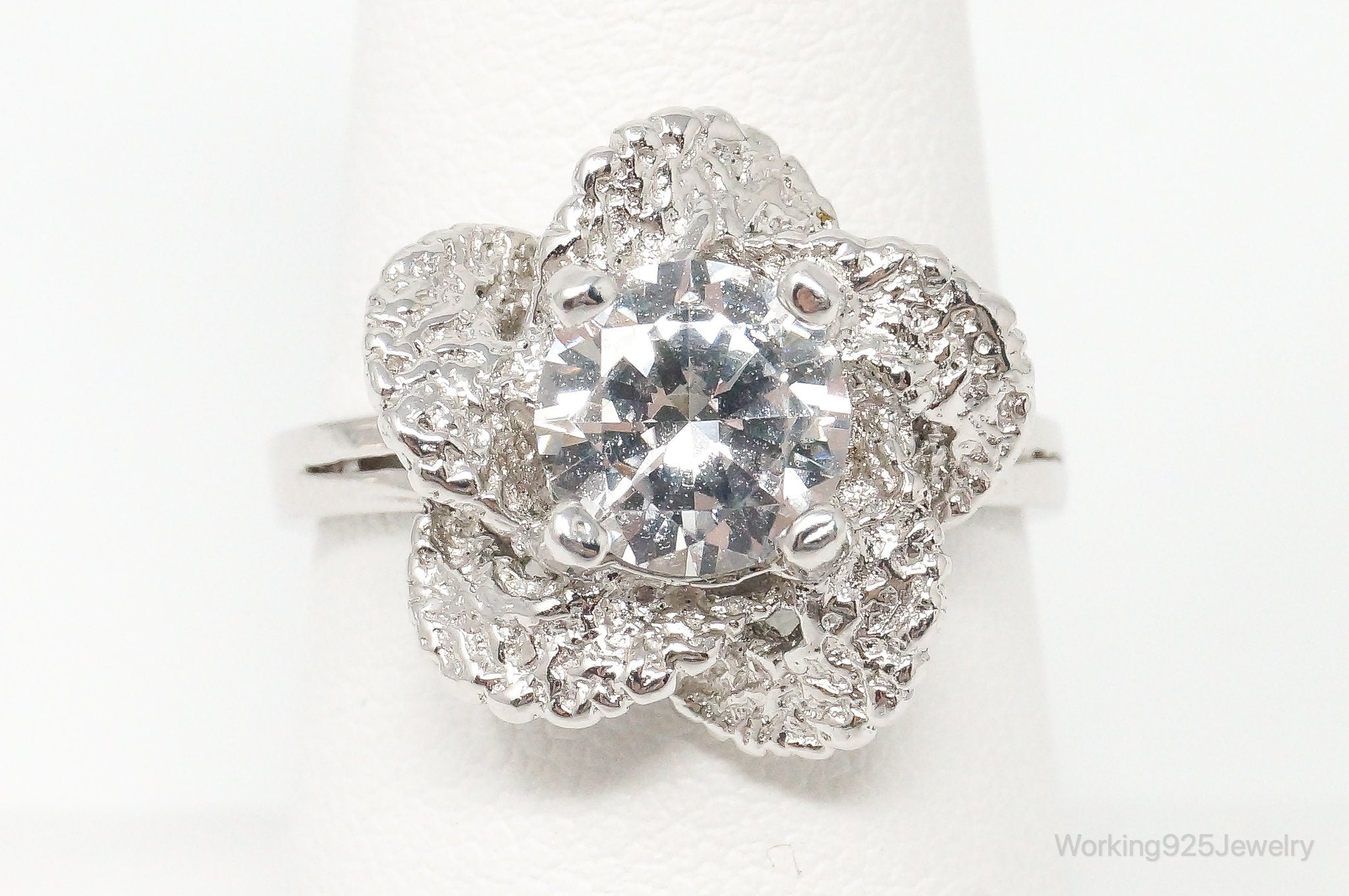 Vintage Large Cubic Zirconia Floral Sterling Silver Ring - Size 8
