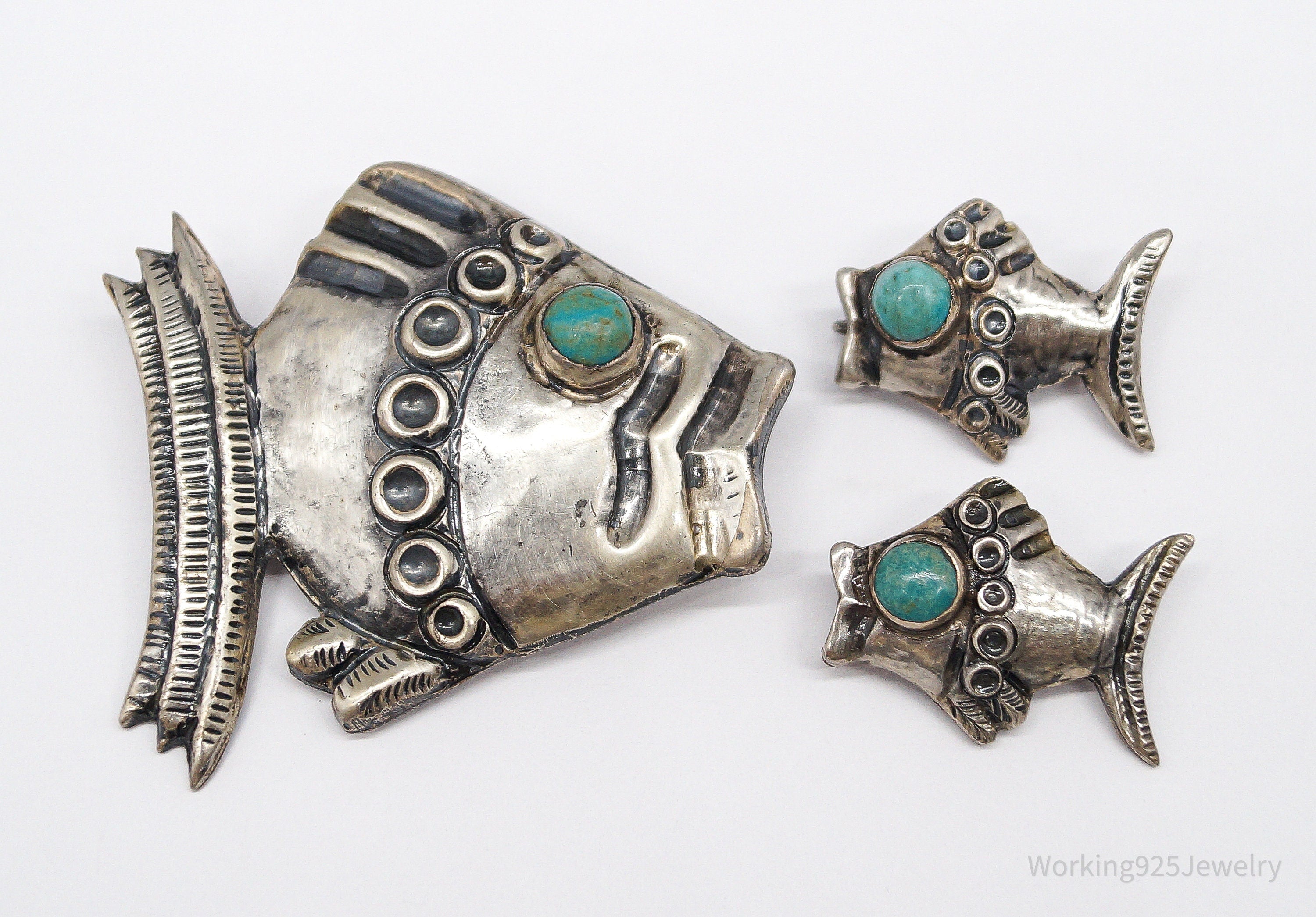RARE Vintage Mexico Modernist Fish Turquoise Sterling Silver Brooch Pin & Earrings Set
