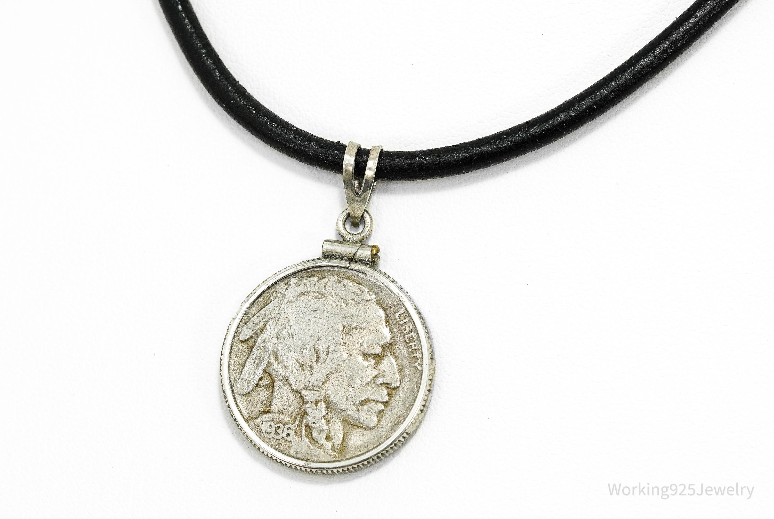 Vintage 1936 Buffalo Indian Nickel Coin Silver Pendant Leather Cord Necklace 17"