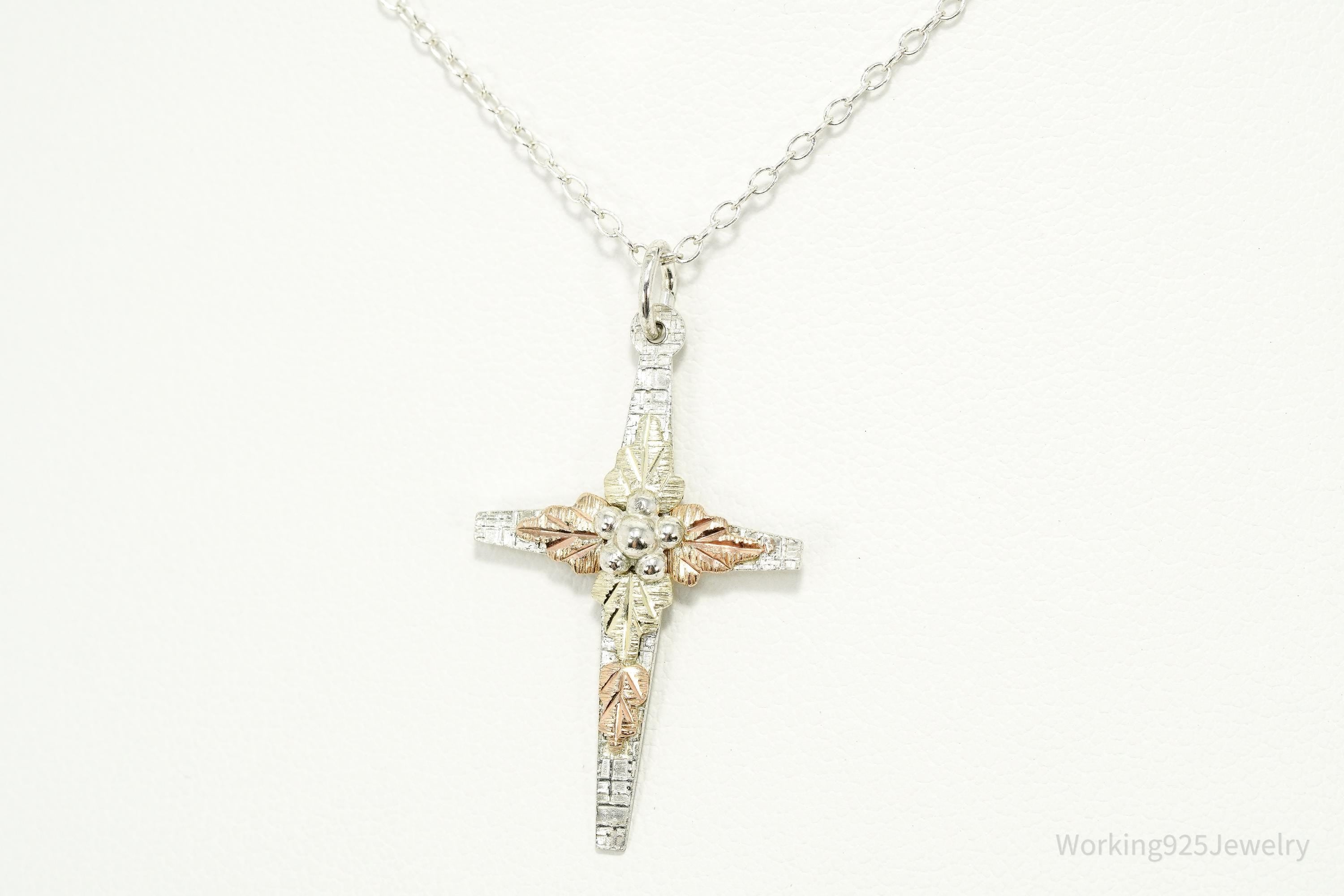 Vintage Landstrom's 10K Black Hills Gold Leaves Sterling Silver Cross Necklace 18"