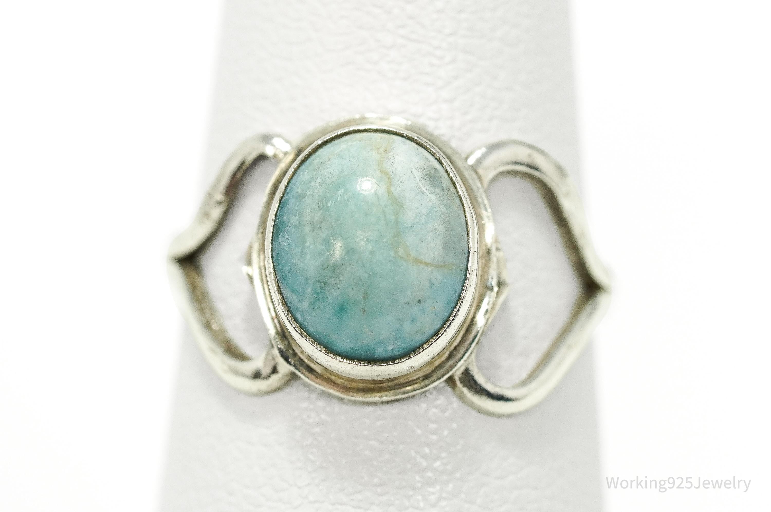 Vintage Blue Larimar Modernist Style Sterling Silver Ring - Size 6.25