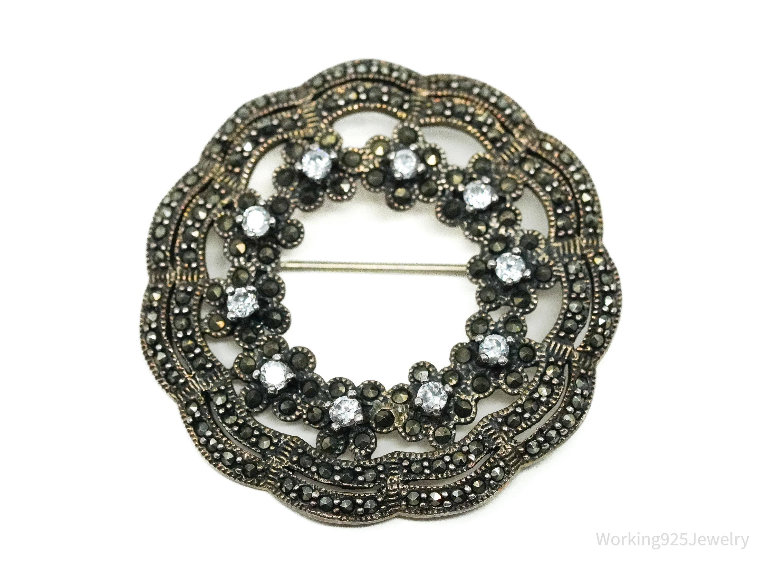Vintage Cubic Zirconia & Marcasite Sterling Silver Brooch Pin