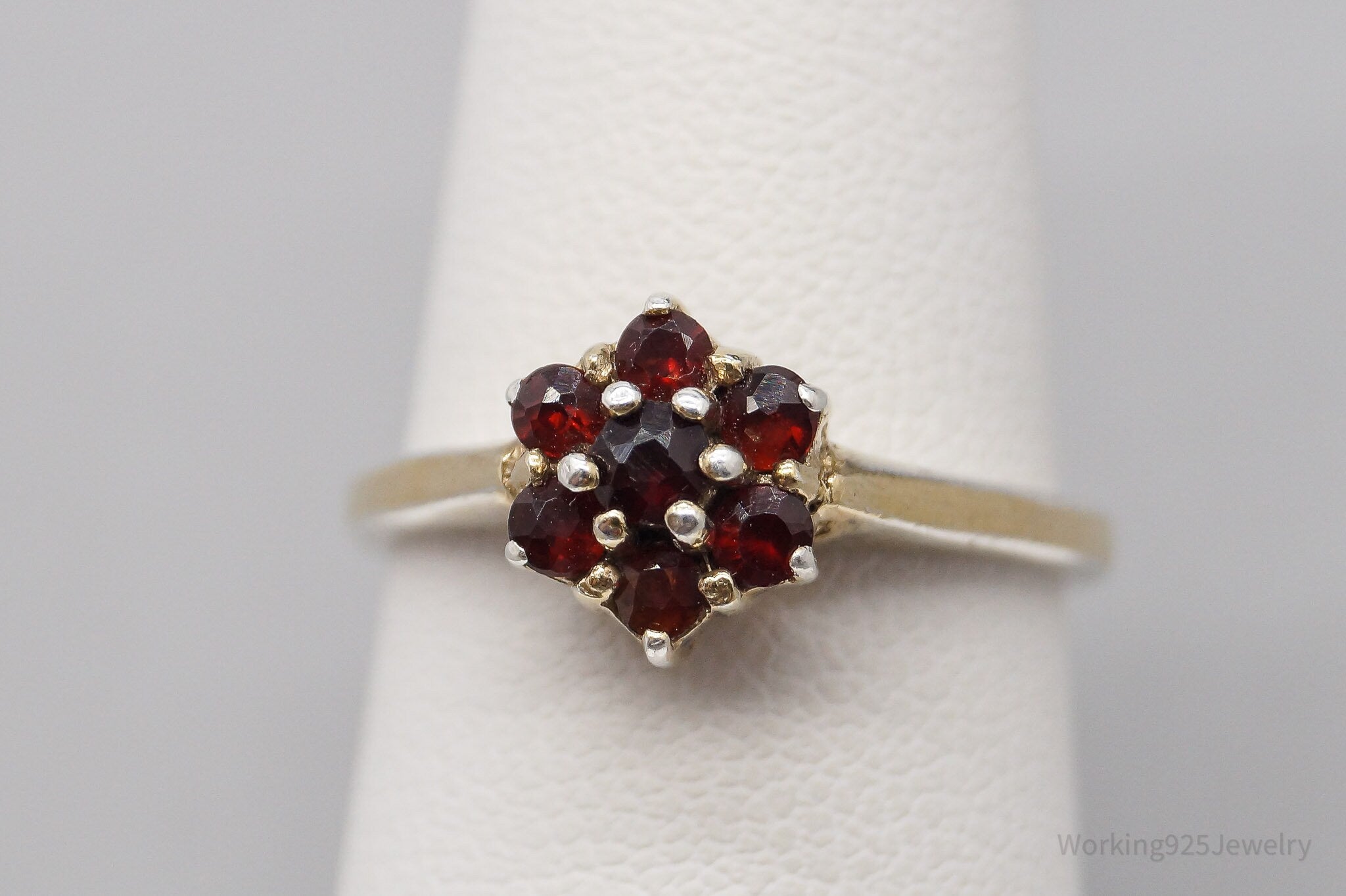 Vintage Bohemian Garnet Flower Gold Wash Sterling Silver Ring - Size 6.75