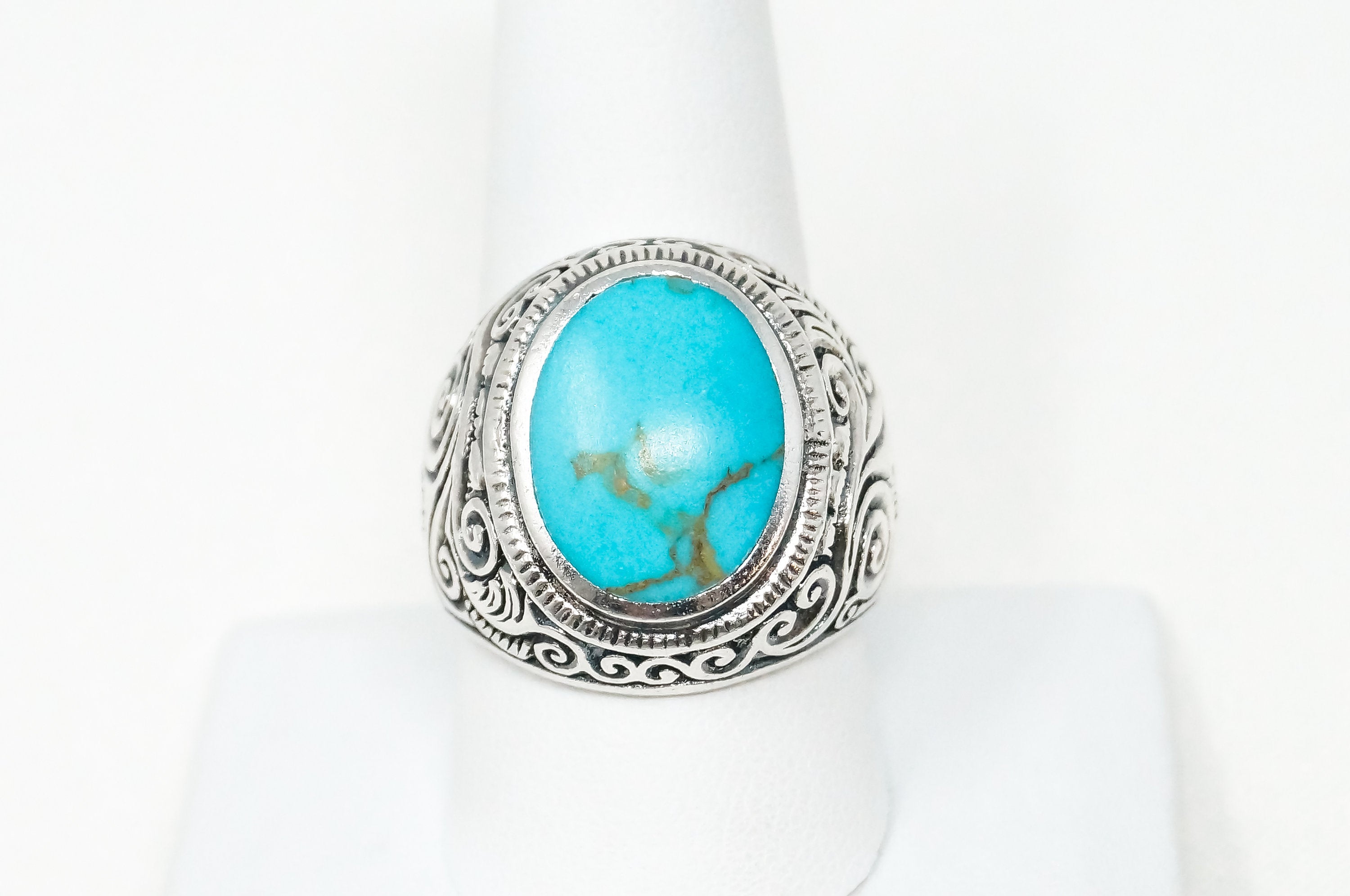Vintage Large Turquoise Etched Scroll Design Sterling Silver Ring - Sz 10