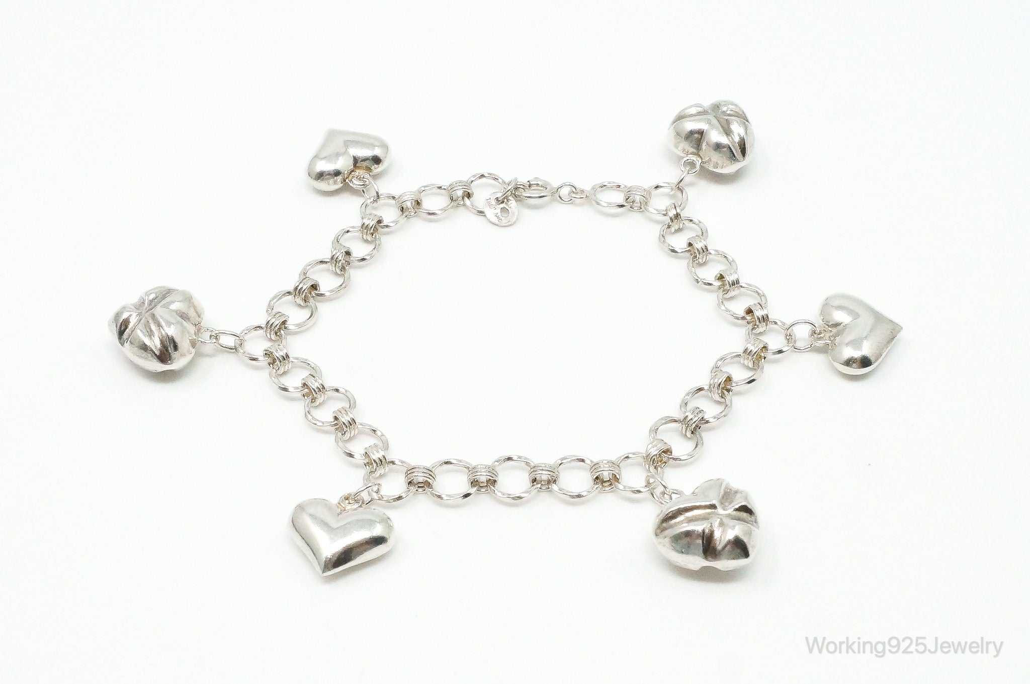 Vintage Puffy Heart Charm Sterling Silver Chain Bracelet