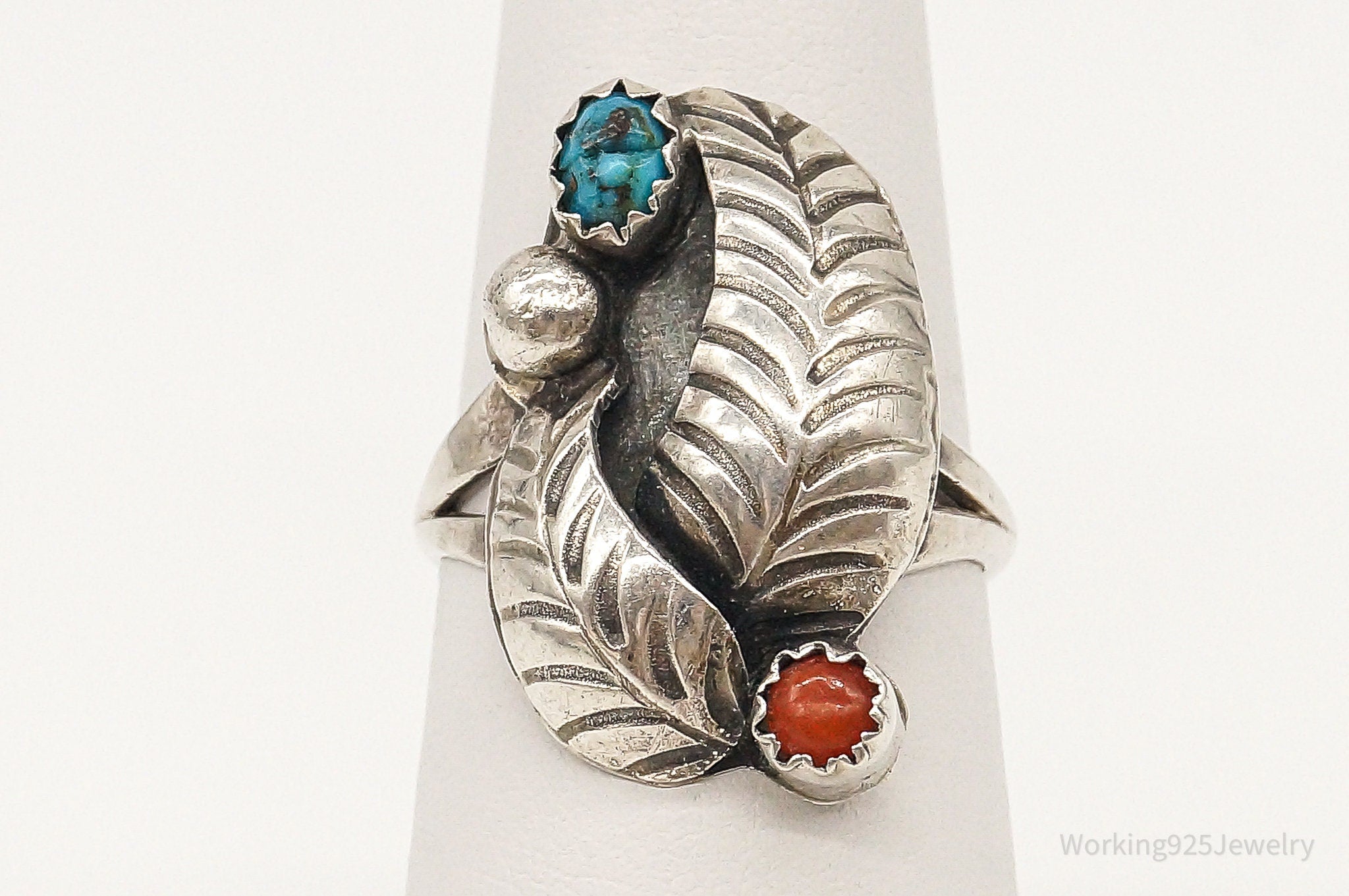 Vintage Native American Turquoise Coral Unsigned Sterling Silver Ring - SZ 6.25