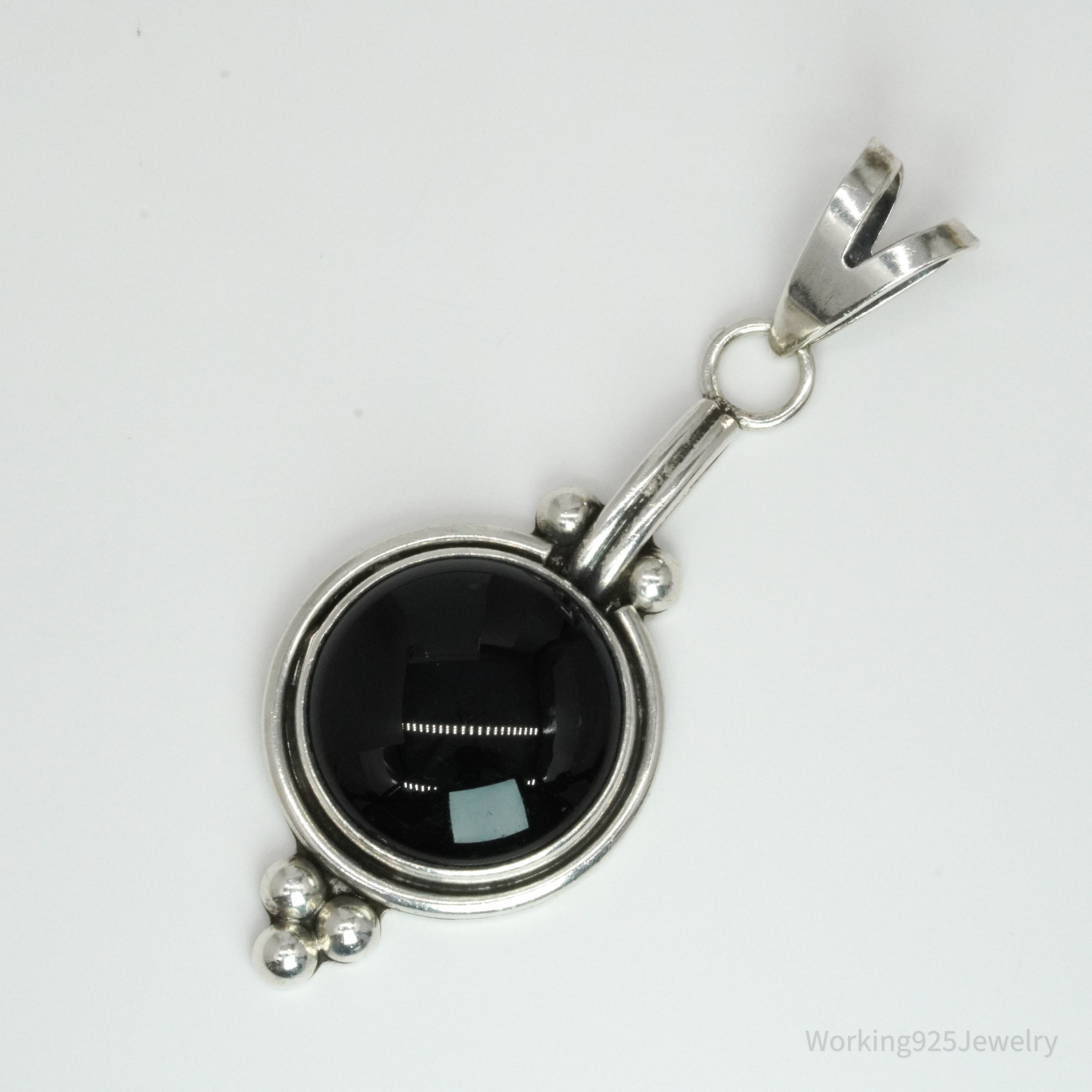 Large Vintage Modernist Black Onyx Sterling Silver Necklace Pendant