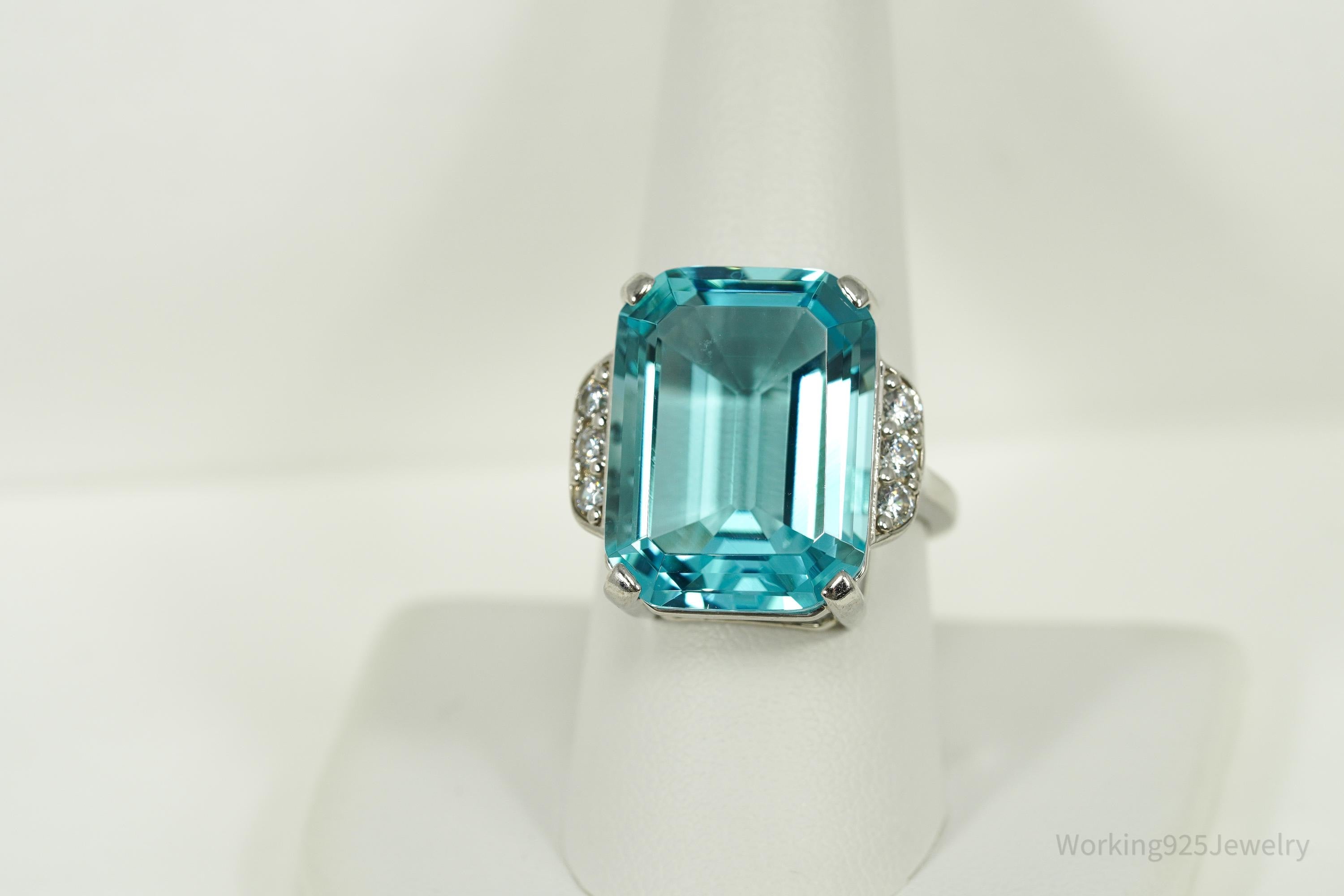 Vintage Large Blue Topaz & Cubic Zirconia Sterling Silver Ring - Size 9