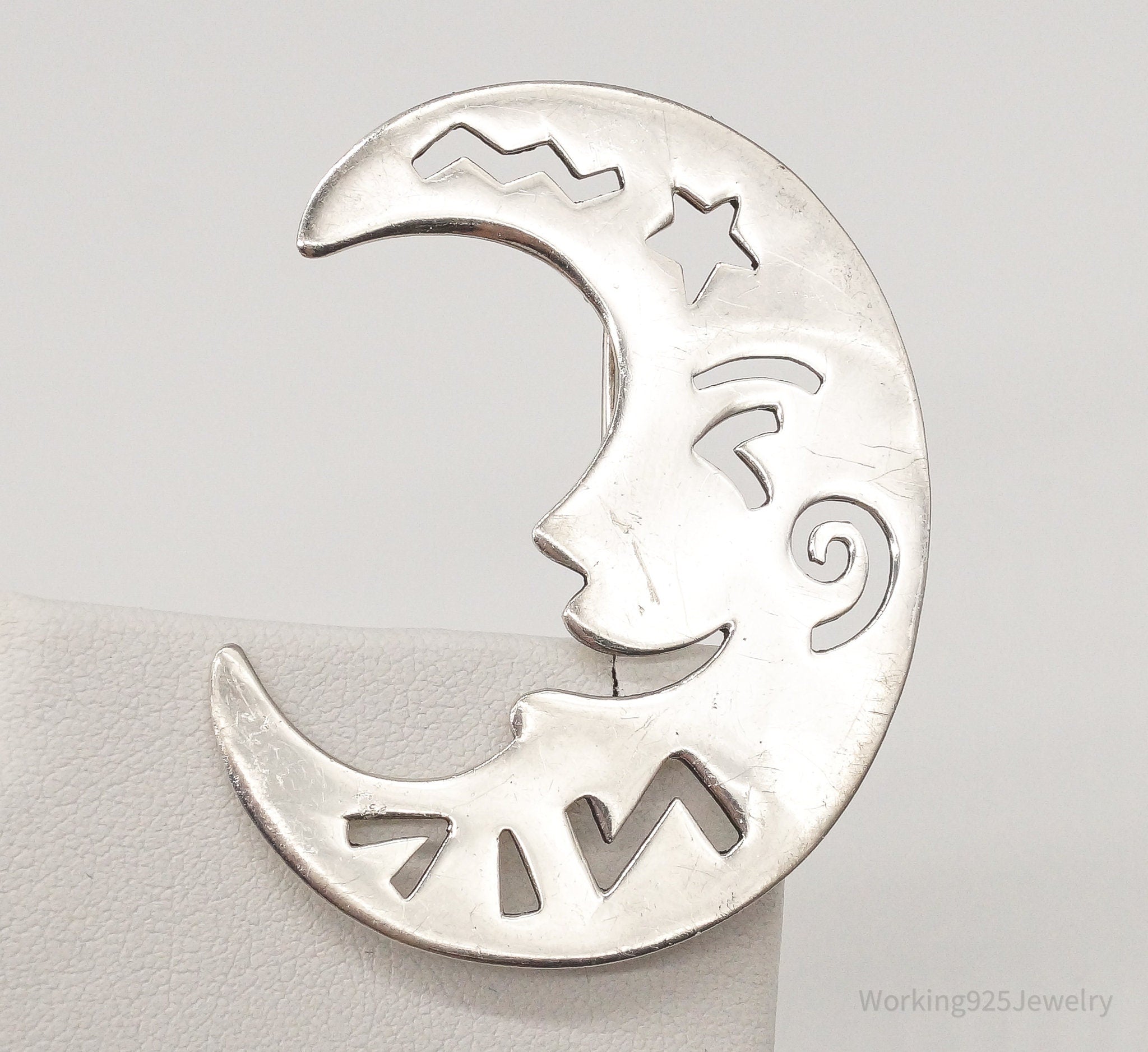 Vintage Boma Large Crescent Moon Sterling Silver Brooch Pin