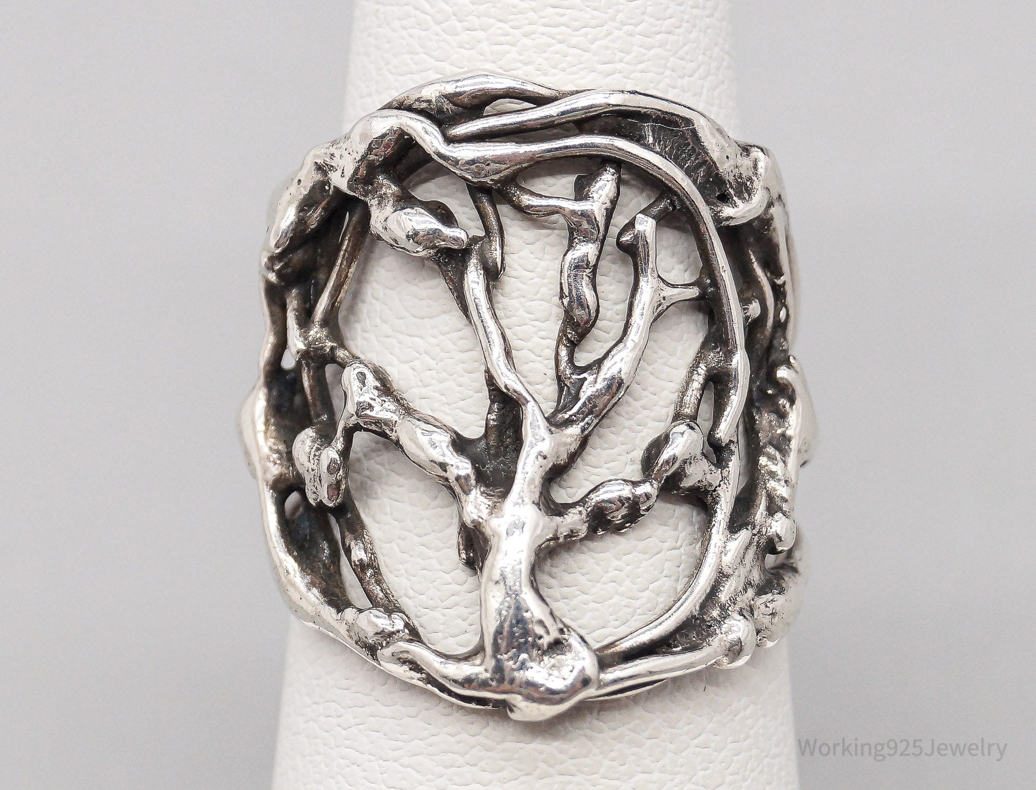 Vintage Brutalist Style Tree Of Life Silver Ring - Size 5.5