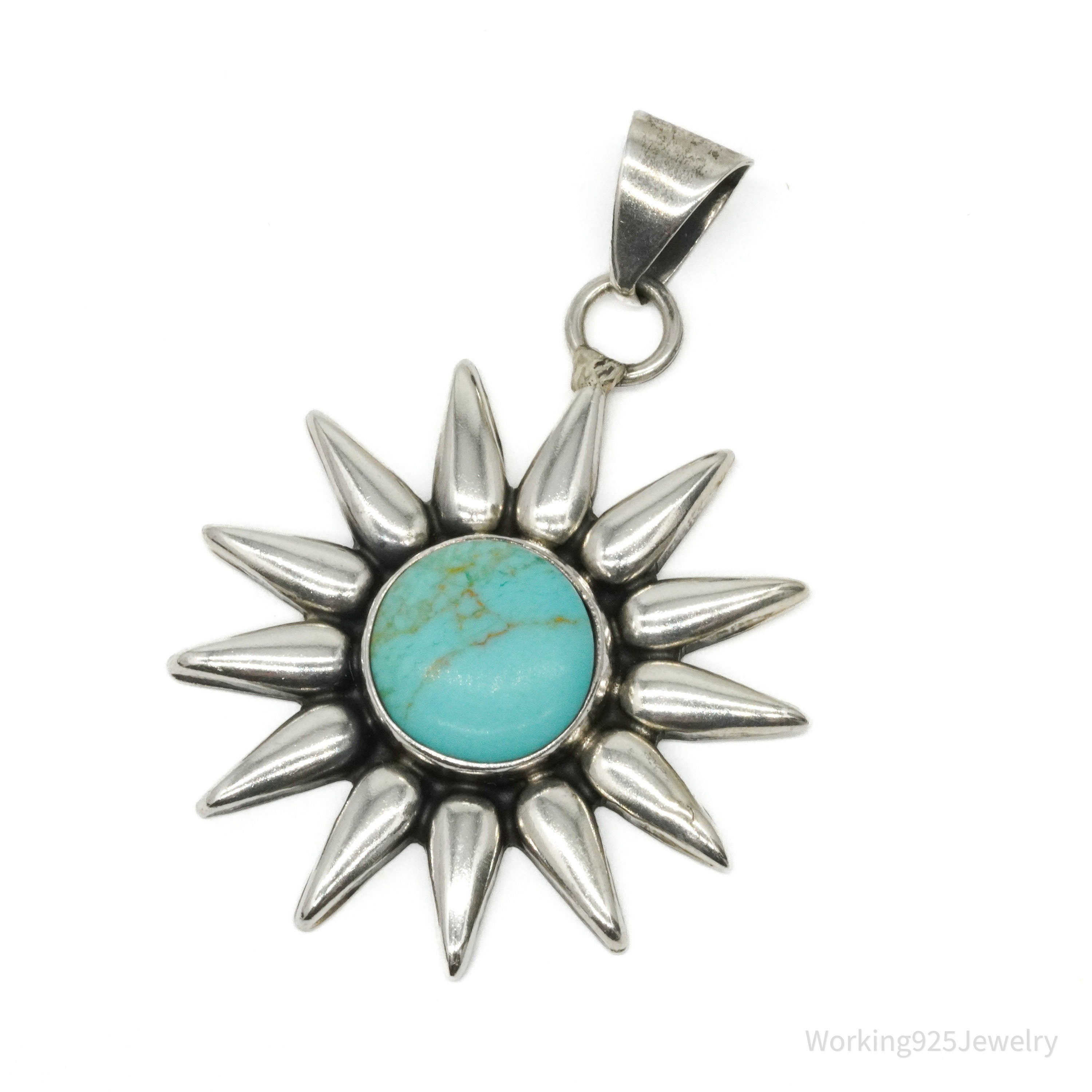 Large Vintage Mexico Turquoise Sun Sterling Silver Pendant 2"