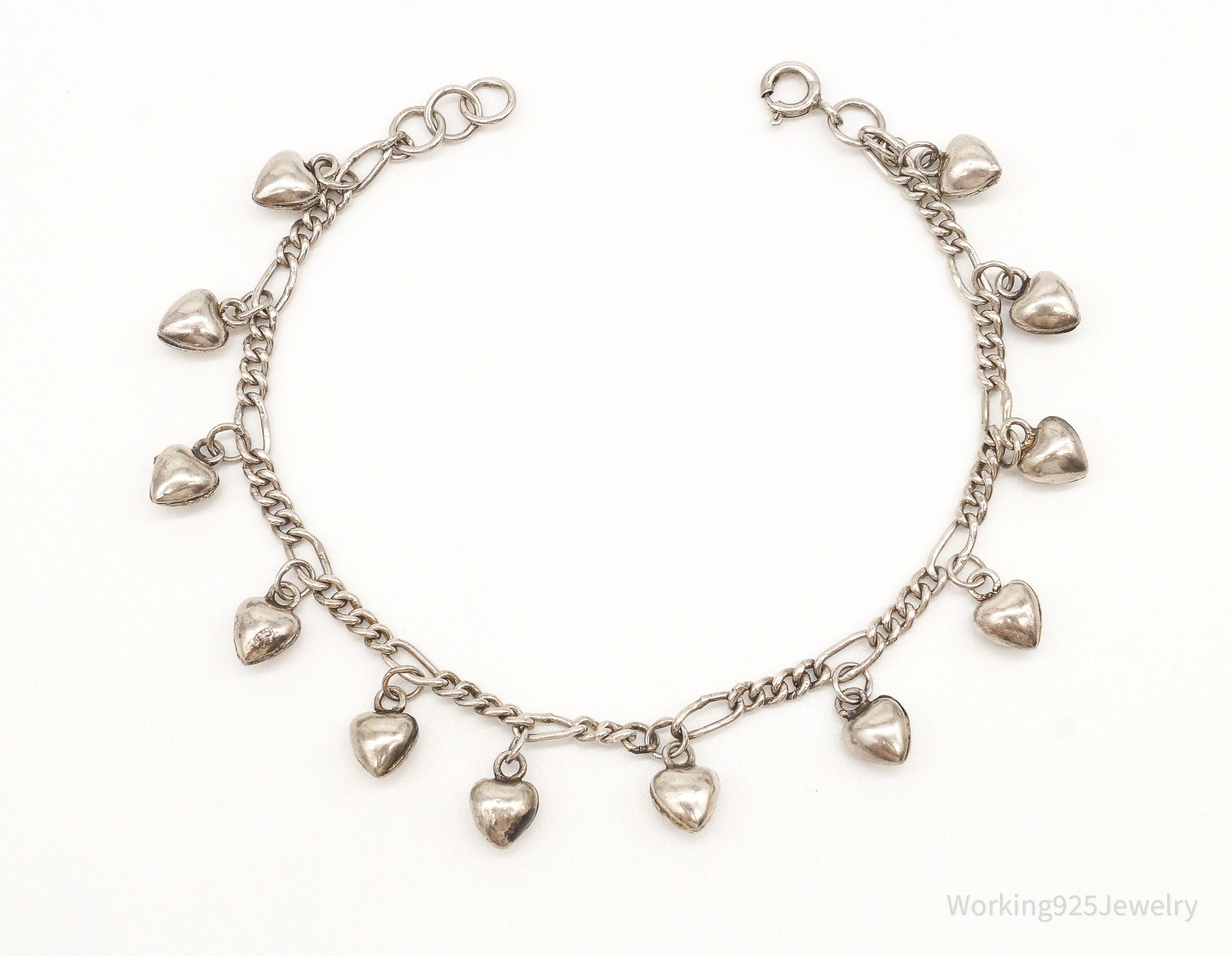 Vintage Mini Puffy Heart Charms Sterling Silver Chain Bracelet
