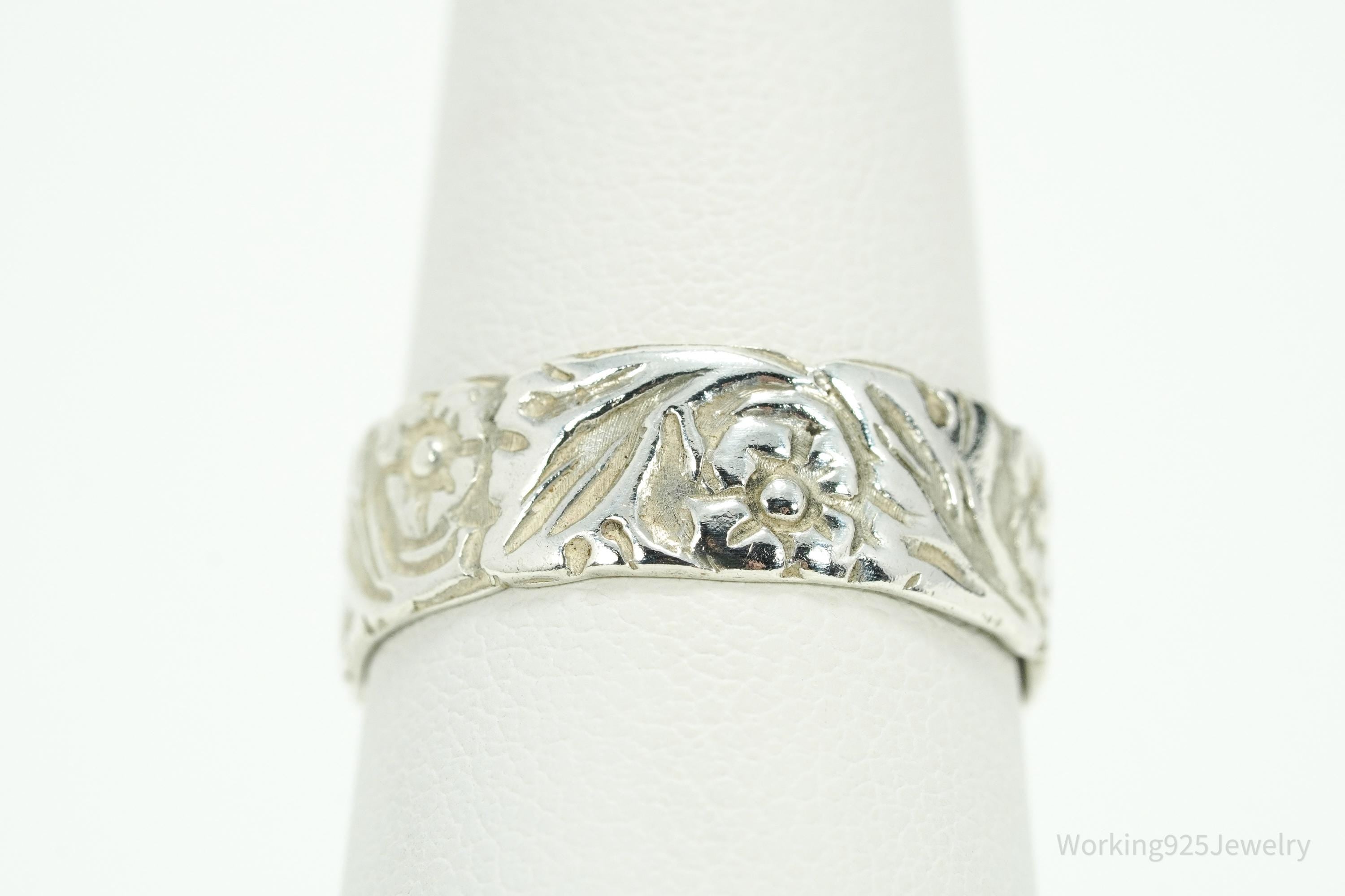 Vintage Floral Flowers Pattern Sterling Silver Band Ring - Size 7.5