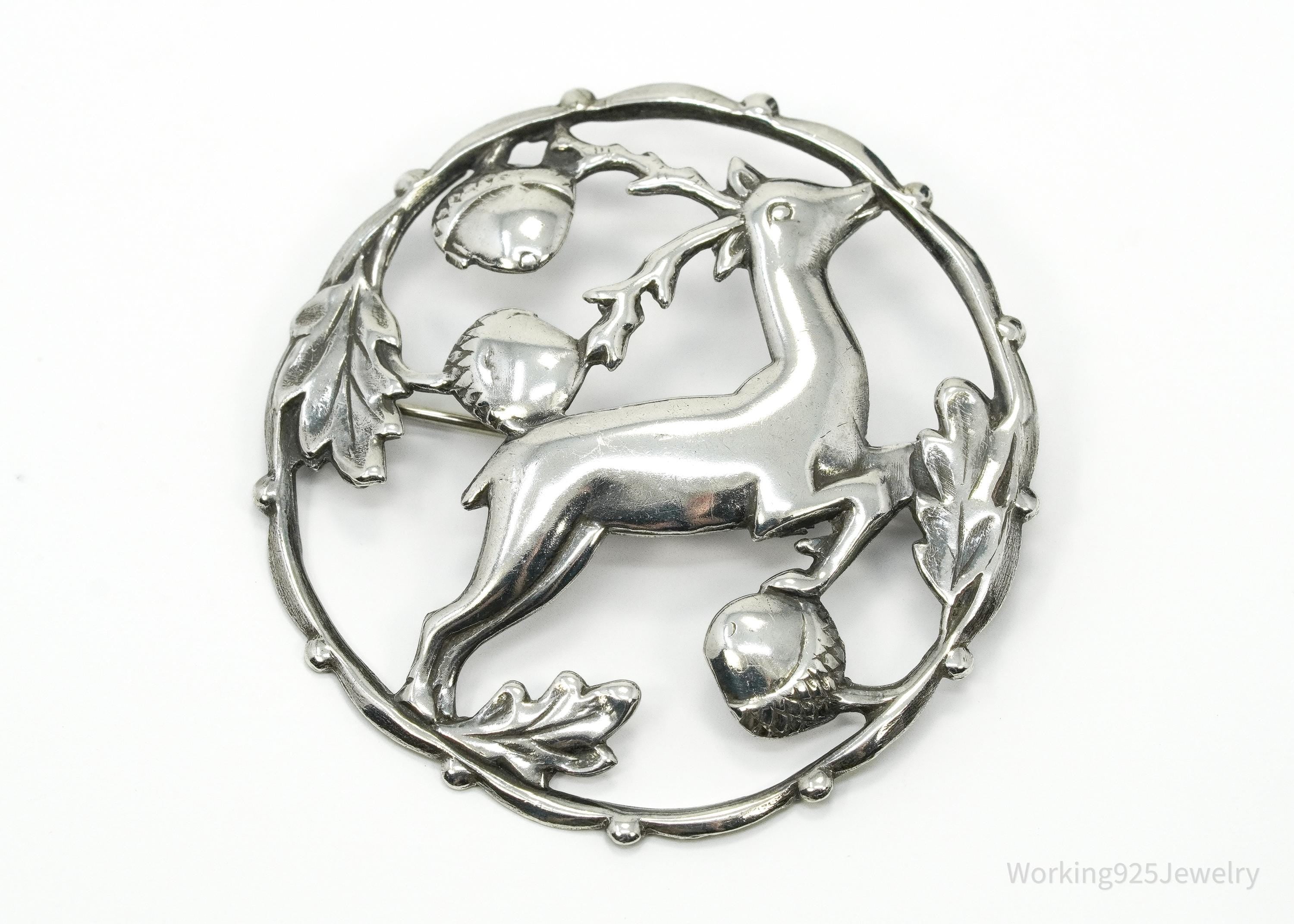 Large Antique Deer & Acorns Sterling Silver Brooch Pin